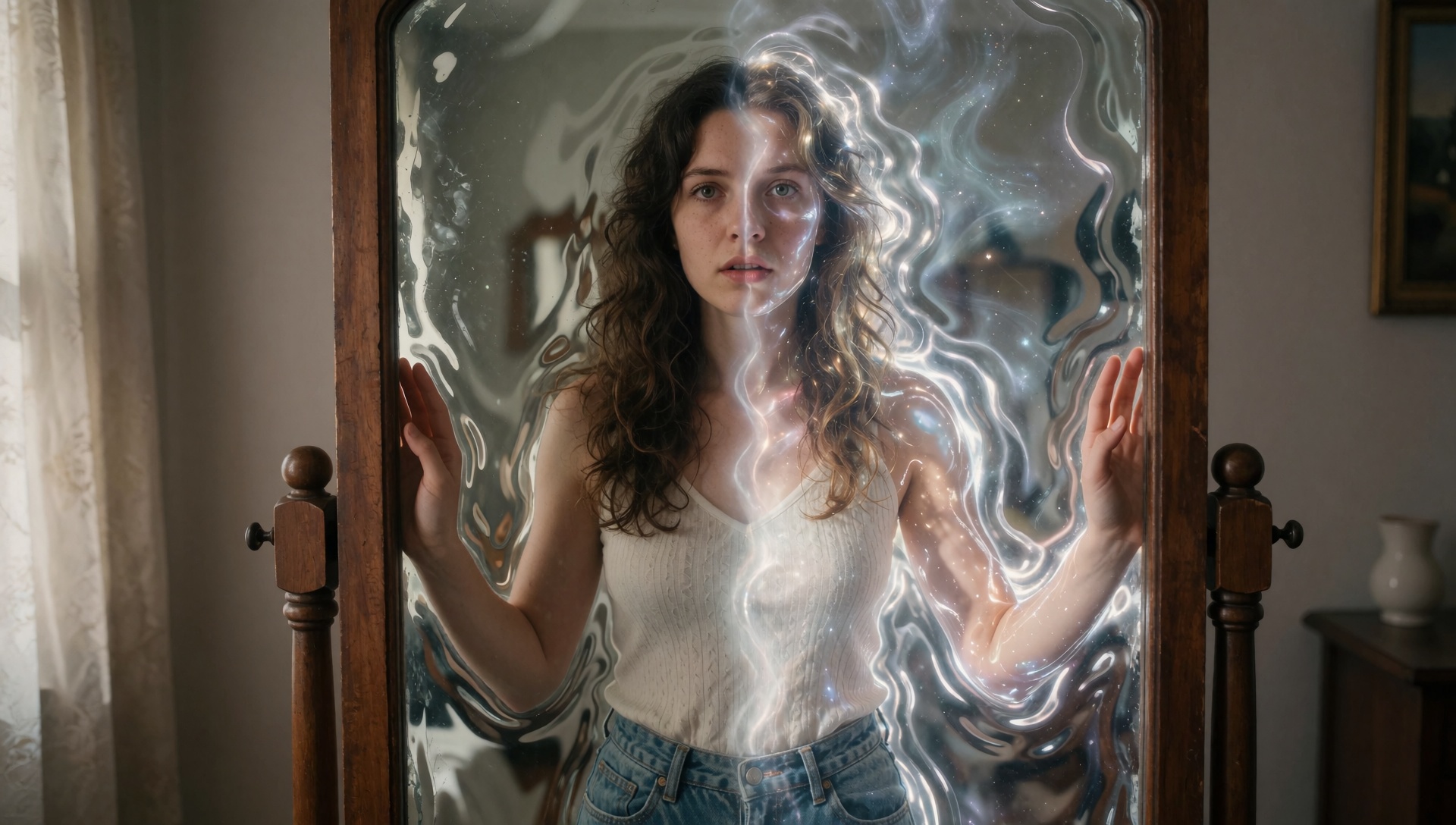 A young woman stands at the threshold of a magical mirror,  her body split between two worlds. One half of her remains in...