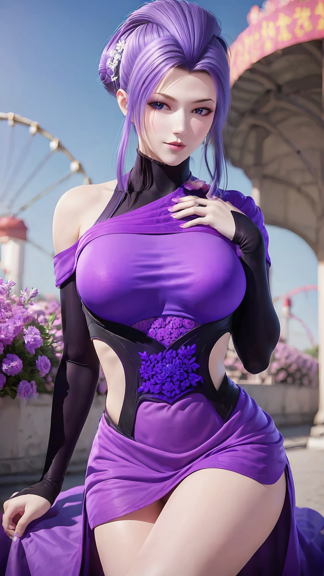The image is a digital illustration of a young woman with long purple hair styled in a high ponytail with flowers in her hair. She is wearing a purple dress with a high neckline and long sleeves. The dress has a cut-out design on the front and is cinched at the waist with a black belt. The woman is posing with one hand on her hip and the other resting on her thigh. She has a serious expression on her face and is looking directly at the camera. In the background, there is a ferris wheel and a blue sky. The overall mood of the image is futuristic and edgy.,<lora:pony紫女:0.8>,