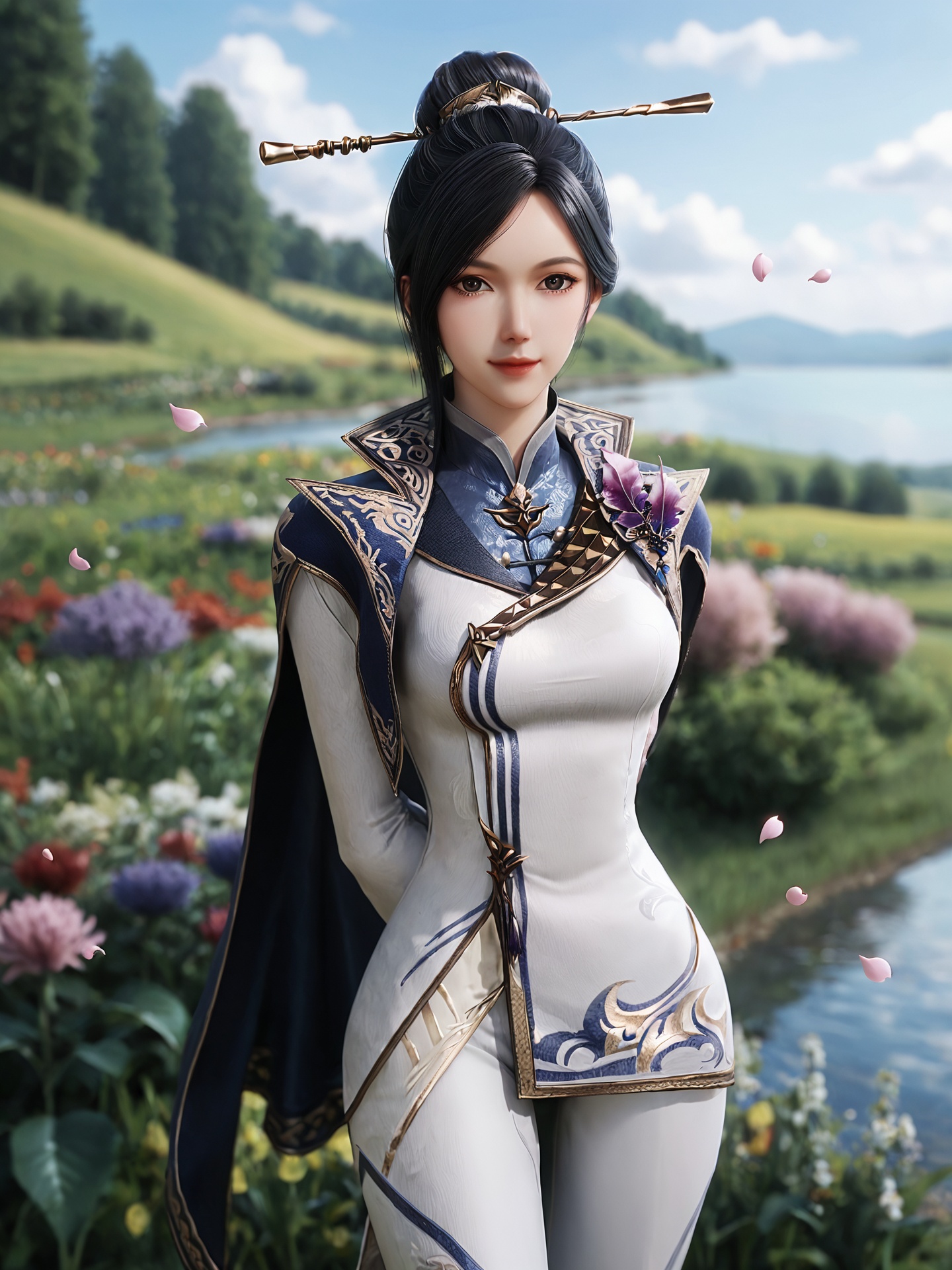 score_9_up,score_8_up,score_7_up,(cowboy shot),(looking at viewer),arms behind back,1girl,solo focus,light smile,single hair bun,hair ornament,hair pins,hair stick,high collar chinese clothes,blue cape,white pants,outdoors,day,sky,river,flower field,garden,(falling petals),falling petals,soft_focus,blurry background,depth of field,foreshortening,<lora:斗罗大陆2-周漪【Pony】:0.85>,<lora:眼部细节增强【Pony】:0.65>,<lora:Stable_Yogis_PDXL_Positives:1>,