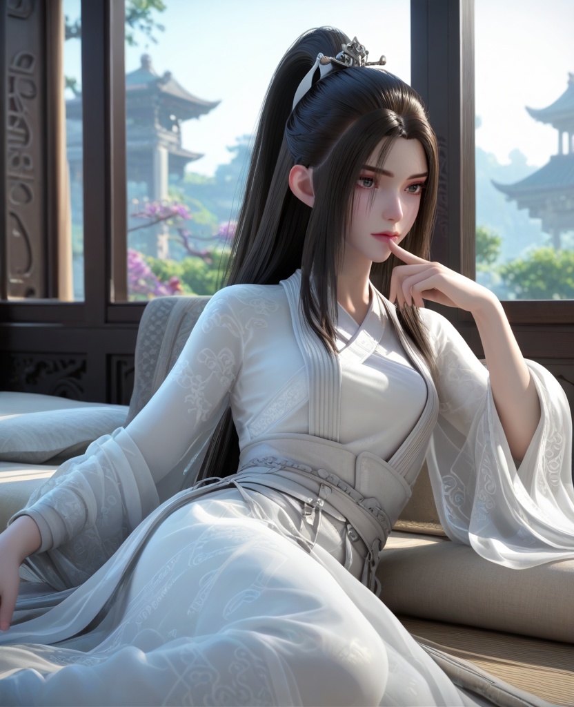 (oriental architecture, elegant decor, sophisticated style:1.1),(Lying down with one arm extended overhead:1.1),(breasts:1.2),<lora:XL16永生方清雪:0.95>,miss fangqingxue,see-through overdress with embroidery,white chinese clothes,black hair,half-up ponytail with long cascading hai,very long hair,wide flowing sleeves,sash,white hagoromo,, score_9,score_8_up,score_7_up,score_6_up,score_5_up,score_4_up,3d rendering,tag1,tag2, Cinematic Lighting,backlighting,