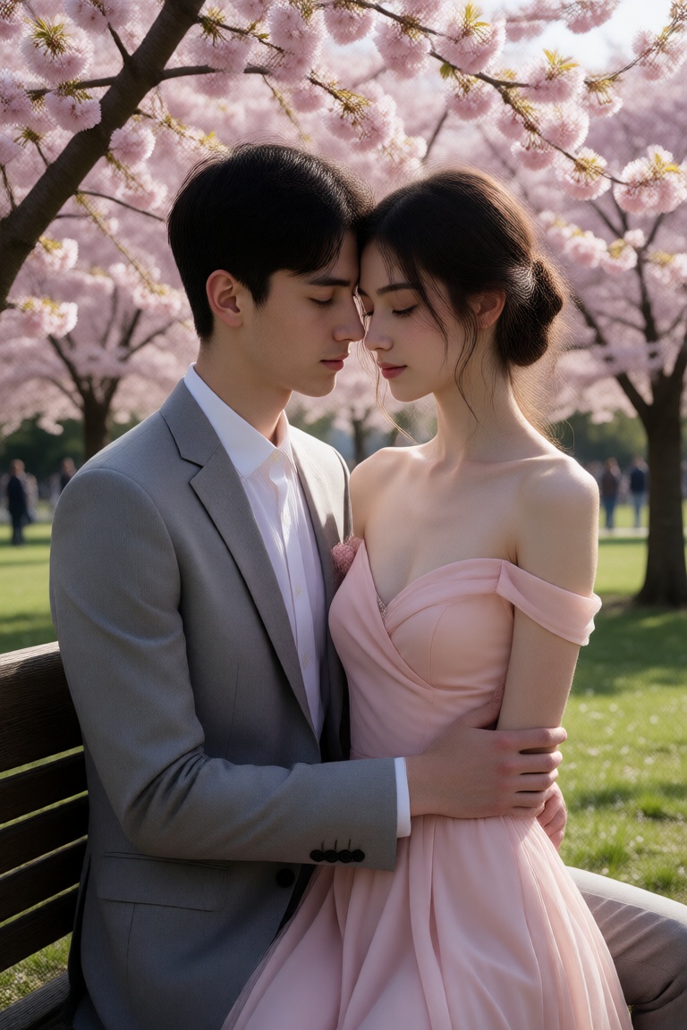 This is a highly detailed,  romantic photograph capturing a tender moment between a young couple seated on a wooden bench...