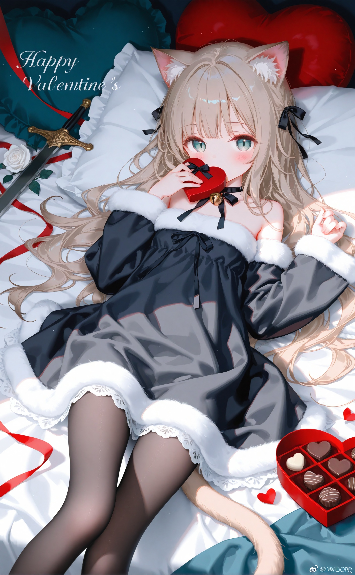 masterpiece,very aware,highres,absurdres,newest,best quality,loli,petite,high quality,chromatic_aberration,cinematic_angle,dutch angle,nyalia,//,artist:ciloranko,artist:ningen_mame,artist:sho_(sho_lwlw),artist:rhasta,artist:wlop,artist:ke-ta,artist:hiten \(hitenkei\),//1girl,animal ears,solo,cat ears,pantyhose,pillow,lying,tail,dress,gift,heart,looking at viewer,heart-shaped pillow,flower,black pantyhose,bell,on back,slit pupils,rose,long hair,fur trim,cat tail,black dress,box,ribbon,gift box,fur-trimmed sleeves,valentine,heart-shaped box,long sleeves,white rose,white flower,cat girl,cat,red ribbon,food,jingle bell,neck bell,holding,grey eyes,lace trim,blue eyes,feet out of frame,holding heart,knife,very long hair,weapon,frilled pillow,lace,fruit,fur collar,wavy hair,black ribbon,bare shoulders,animal ear fluff,strapless dress,detached sleeves,blonde hair,frills,lace-trimmed dress,grey hair,white hair,chocolate,collar,dagger,light particles,blush,animal,neck ribbon,holding food,tsurime,on bed,holding gift,happy valentine,english text,bed sheet,heart-shaped chocolate,eating,strapless,covered mouth,covering own mouth,bow,box of chocolates,christmas,cushion,black bow,black sleeves,holding fruit,apple,short dress,fur-trimmed dress,fingernails,green eyes,choker,brown hair,off-shoulder dress,artist name,eyelashes,closed mouth,hand up,sword,candy,
