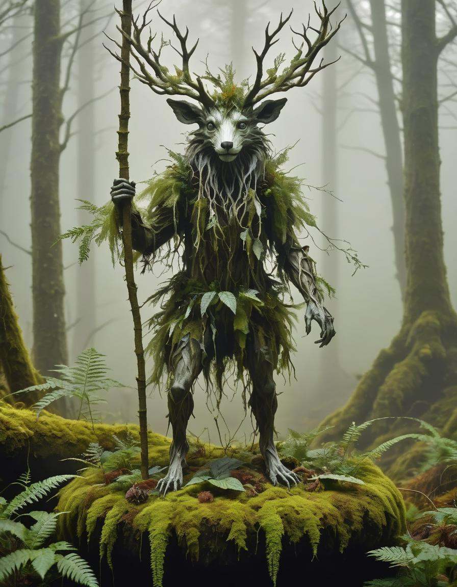 A forest creature made from dense fog, surrounded by mist and lush vegetation. In the style of Wendy Froud's eco-art.