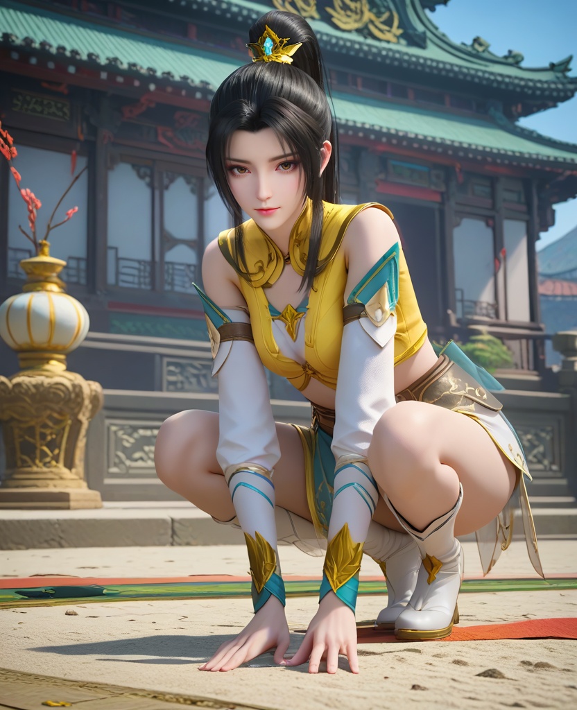 (oriental architecture, elegant decor, sophisticated style:1.1),Crouching on the beach, drawing patterns in the sand, lost in creativity,,(breasts:1.2),<lora:XL16大主宰叶轻灵:0.95>,miss yeqingling,yellow crop top,brown eyes,black hair,long hair,high ponytail paired with front strands,hair ornament,white miniskirt,sash,bracer,white boots,bow,shoulder cutout,, zPDXL2, score_9, score_8_up, score_7_up BREAK realistic, masterpiece,best quality, highly detailed,, zPDXL3, zPDXL2,zPDXL, zPDXLxxx, zPDXLrl,