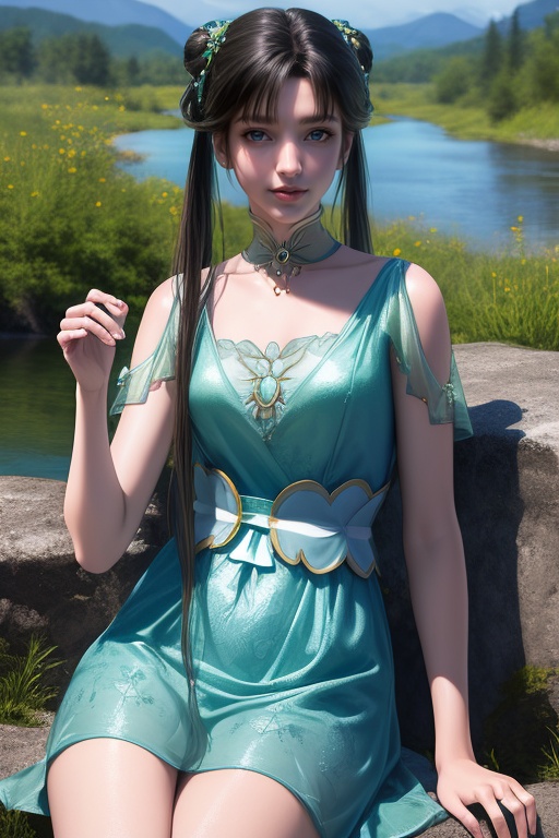 (8k, RAW photo, best quality, masterpiece:1.2),(realistic, photo-realistic:1.3), ultra-detailed, extremely detailed cg 8k wallpaper,(crystalstexture skin:1.2), (extremely delicate and beautiful), (perfect hands, perfect anatomy:1.2),1girl, solo, black hair, brown hair, hair ornament, long hair, twintails, hair rings, hair bun, blue eyes,dress, green dress, clothing cutout, blue dress, jewelry,sun, mountain, water, river, (cowboy shot:1.2), looking at viewer, sitting,