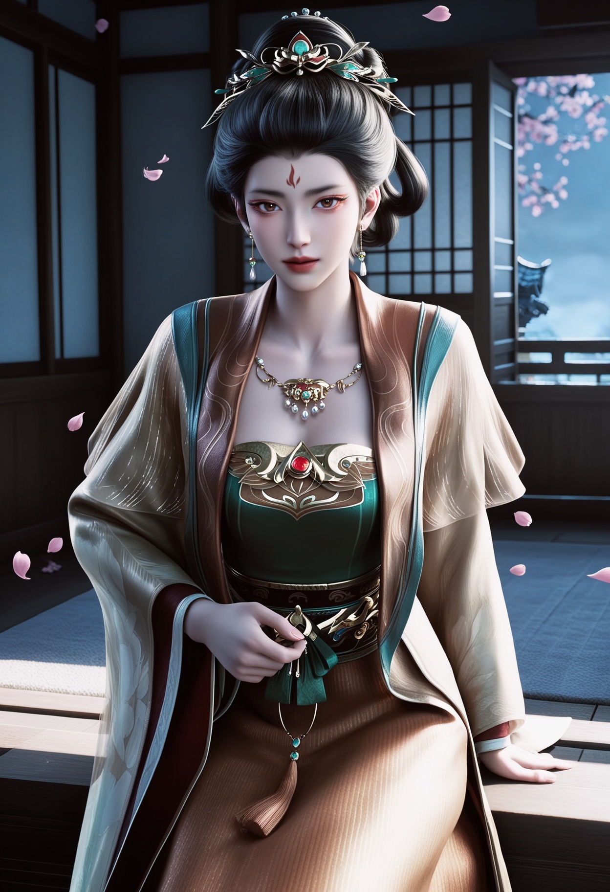 masterpiece,best quality,amazing quality,very aesthetic,high resolution,ultra-detailed,absurdres,scenery,photorealistic,(looking at viewer:1.1),(Dark room:1.3),(moody lighting:1.1),peach blossom,falling petals,(large breasts:0.8),dalitaihou,1girl,solo,black hair,jewelry,earrings,chinese clothes,hair ornament,forehead mark,realistic,necklace,hair bun,dress,long sleeves,updo,hanfu,hair rings,brown eyes,makeup,wide sleeves,shoes BREAK photorealistic details,<lora:QQSilldalitaihouV1:0.8>,