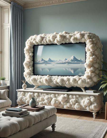 vintage TV in a living room made out of clouds on Tensor.Art