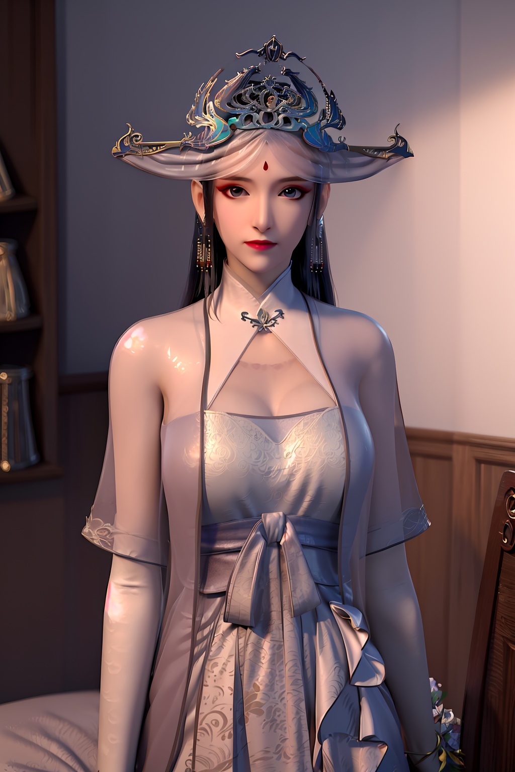 3D,masterpiece,(best quality),(makeup),official art, extremely detailed cg 8k wallpaper,((crystalstexture skin)), (extremely delicate and beautiful),(highly detailed),(face),((tiara)),(collar),hat,(1girl), (solo), (jewelry), (earrings),(black_hair),(long_hair),(hair_ornament),(handwear),(breast),(gloves),((upper_body)),(chinese_clothes),(multicolored_clothes),(multicolored_dress),(closed_mouth),,((looking_at_viewer)),((Facing the camera)),(room), <lora:hipoly3DModelLora_v10:0.3>
