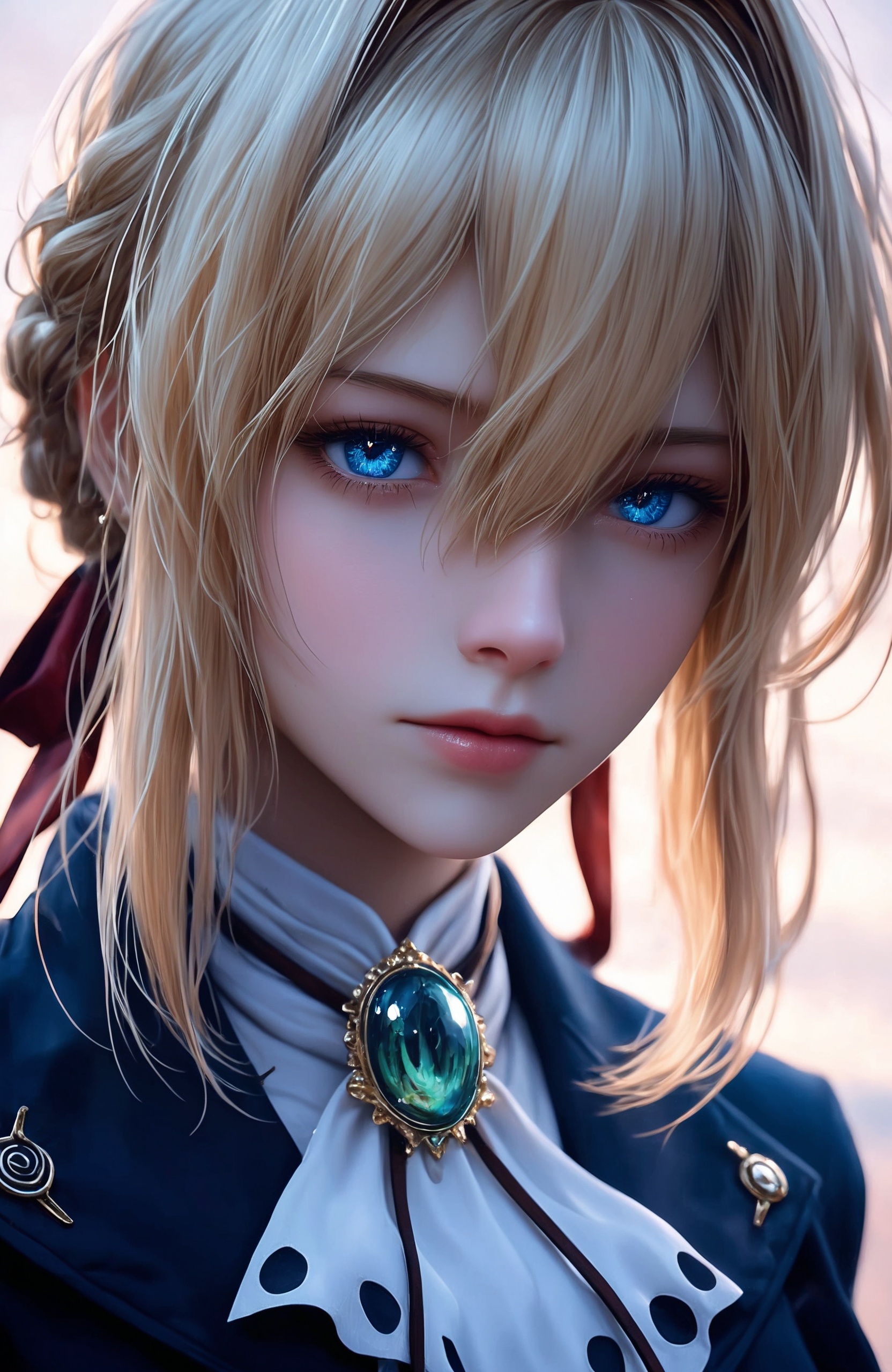 <lora:超质感CG-IL:0.8>1girl, solo, looking at viewer, bangs, blue eyes, blonde hair, ribbon, hair between eyes, jewelry, closed mouth, jacket, hair ribbon, upper body, braid, red ribbon, lips, ascot, hair intakes, blue jacket, brooch, realistic, white ascot, violet evergarden, realistic style photo,outstanding style,Use soft lighting to cast gentle shadows on the subject,adding a touch of dimension to your images without compromising details,whirls of vapor,(Anime:1.1),soft neon light,ethereal ambiance,delicate details,magical atmosphere,concept art,highly detailed,ultra-high resolution,32K UHD,sharp focus,best-quality,masterpiece,golden hour,unconventional supreme masterpiece,masterful details,temperate atmosphere,with a high-end texture,in the style of fashion photography,magazine style,Dynamic Angle,Dynamic posture,magazine style,Dynamic Angle,Dynamic posture,(cowboy_shot:1.2),eye trail,depth of field,cinematic lighting,lens flare,close-up,extreme aesthetic,(wlop:0.6),(honjou raita,lack,rella,wanke:0.5),masterpiece,best quality,good quality,newest,year 2025,very aesthetic,absurdres,Visual impact,A shot with tension,ultra-high resolution,32K UHD,sharp focus,best-quality,masterpiece,Emotionalization,unconventional supreme masterpiece,masterful details,temperate atmosphere,with a high-end texture,in the style of fashion photography,(Visual impact:1.2),giving the poster a dynamic and visually striking appearance,