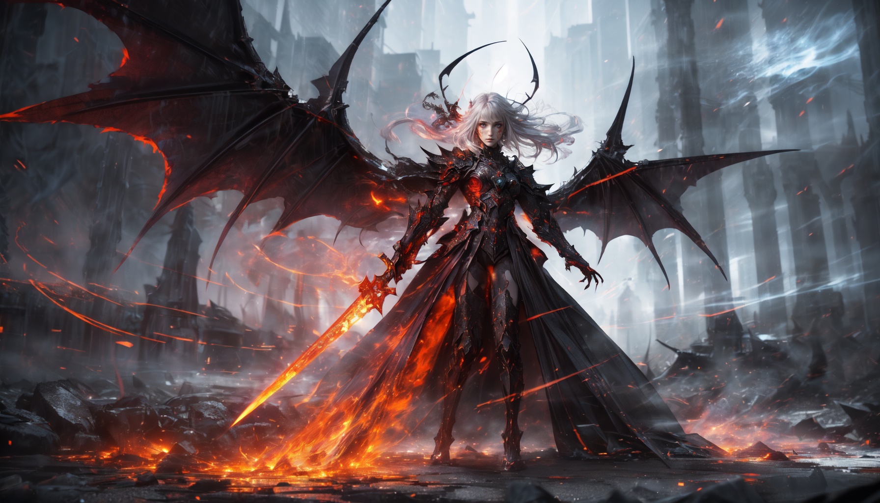 (Lilith ),evil dragon\(east\) behind her,otherworldly creature,[demon:darkness:35],[flames:magma:40],(with swirling flames cascading from its body),detailed flames_wings,silver hair,standing on Magma River,striking full body portrait,menacing,BREAK(longexposure\(photo\):1.2),(8k, RAW photo, highest quality),hyperrealist,intricate abstract,intricate artwork,abstract style,highly detailed,extremely high-resolution details,photographic,realism pushed to extreme,fine texture,4k,high contrast,BREAKfearsome power and ethereal presence,non-representational,colors and shapes,expression of feelings,imaginative,(Luis Royo:1.2),(Yoshitaka Amano:1.1),(detailed hellcape:1.3) background,light particles,sparks,light rays,
