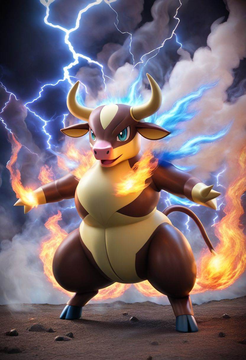 Pokemon (Cow), Fire, Full Body, Smoke, Lightning, HD, Masterpiece, Best Quality, Solo,