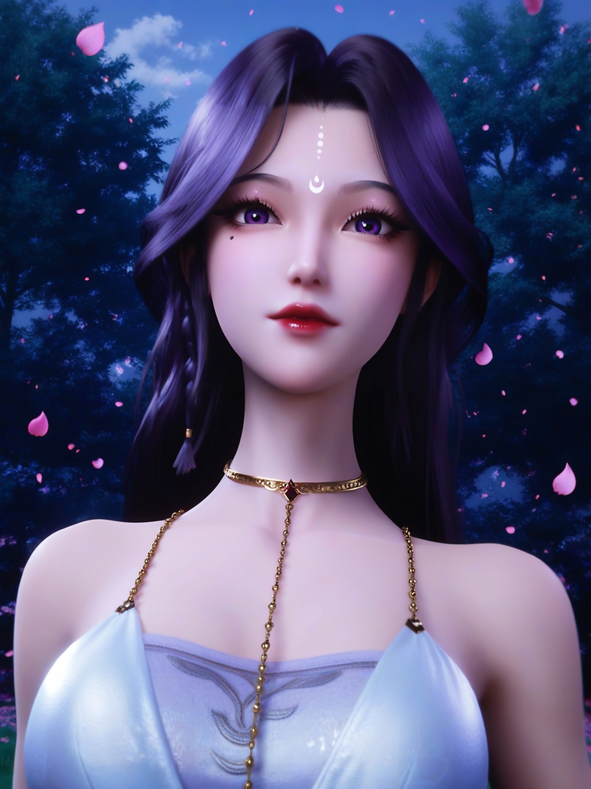 score_9,1girl,breasts,breasts,long hair,looking at viewer,facial mark,forehead mark,red lips,dress,choker,lipstick,falling petals,eyelashes,solo,looking at viewer,enchanting expression,outdoors,<lora:SF_YueYe_YuYi_Pony_Realism2.3:0.7>,