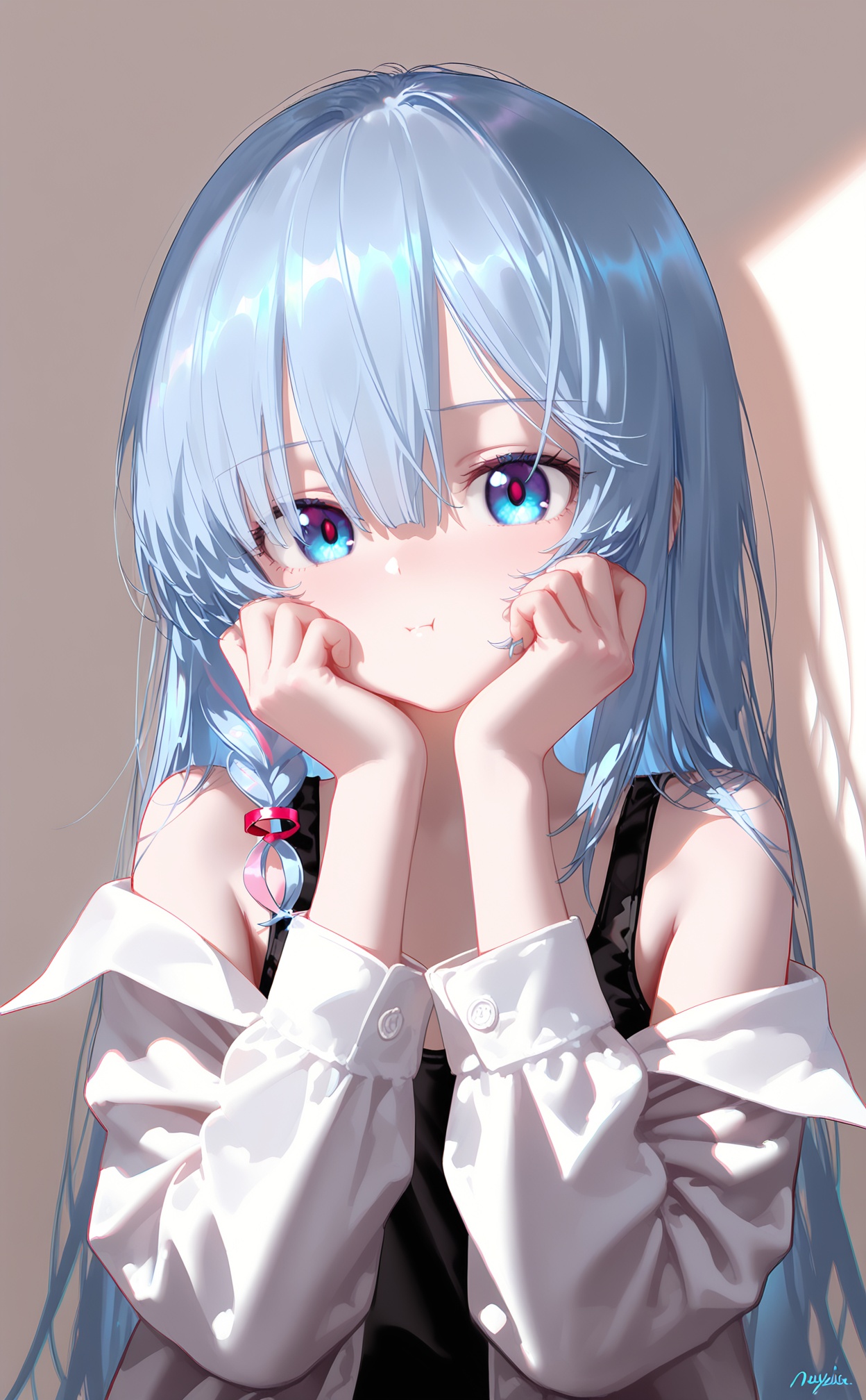 masterpiece,very aware,highres,absurdres,newest,best quality,loli,petite,high quality,chromatic_aberration,//,nyalia style,1girl, solo, blue eyes, blue hair, looking at viewer, long hair, shirt, black **** top, straight hair, hands on own face, **** top, upper body, long sleeves, hands on own cheeks, black shirt, :i, closed mouth, off shoulder, jacket, open clothes, :t, hands up, hair between eyes, signature, white shirt, shadow//,<lora:nyalia——【noob】hans:1>,