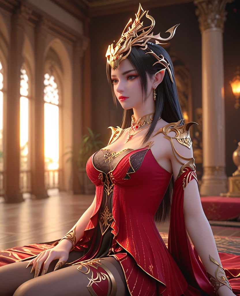 (oriental architecture, elegant decor, sophisticated style:1.1),(yoga backbend:1.1),(breasts:1.2),<lora:XL斗破苍穹美杜莎女王装:0.85>,meidusha queen,red fringed dress layered on top of lace corset bra,red fringed dress,lace corset bra,shoulder armor,bare shoulders,pointy ears,crown,black hair,long hair,jewelry,earrings,necklace,detached sleeves,pantyhose,lace inner skirt,blue eyes,, score_9,score_8_up,score_7_up,score_6_up,score_5_up,score_4_up,3d rendering,tag1,tag2, Cinematic Lighting,backlighting,