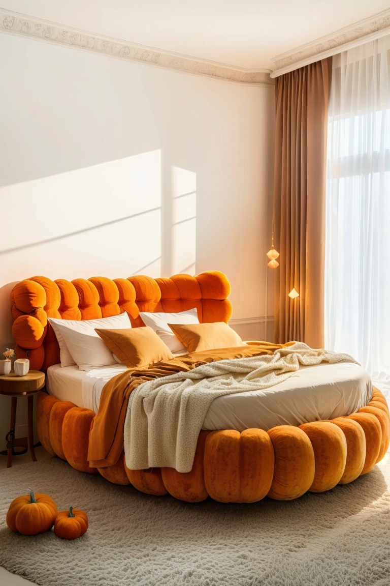 ((HRD, HUD, 8K)),((masterpiece, best quality)), highly detailed, soft light,CreativeFurniture, no humans, pumpkin, jack-o'-lantern, cup, table, bed, simple background, white background,  <lora:20240406-1712391677858:1>