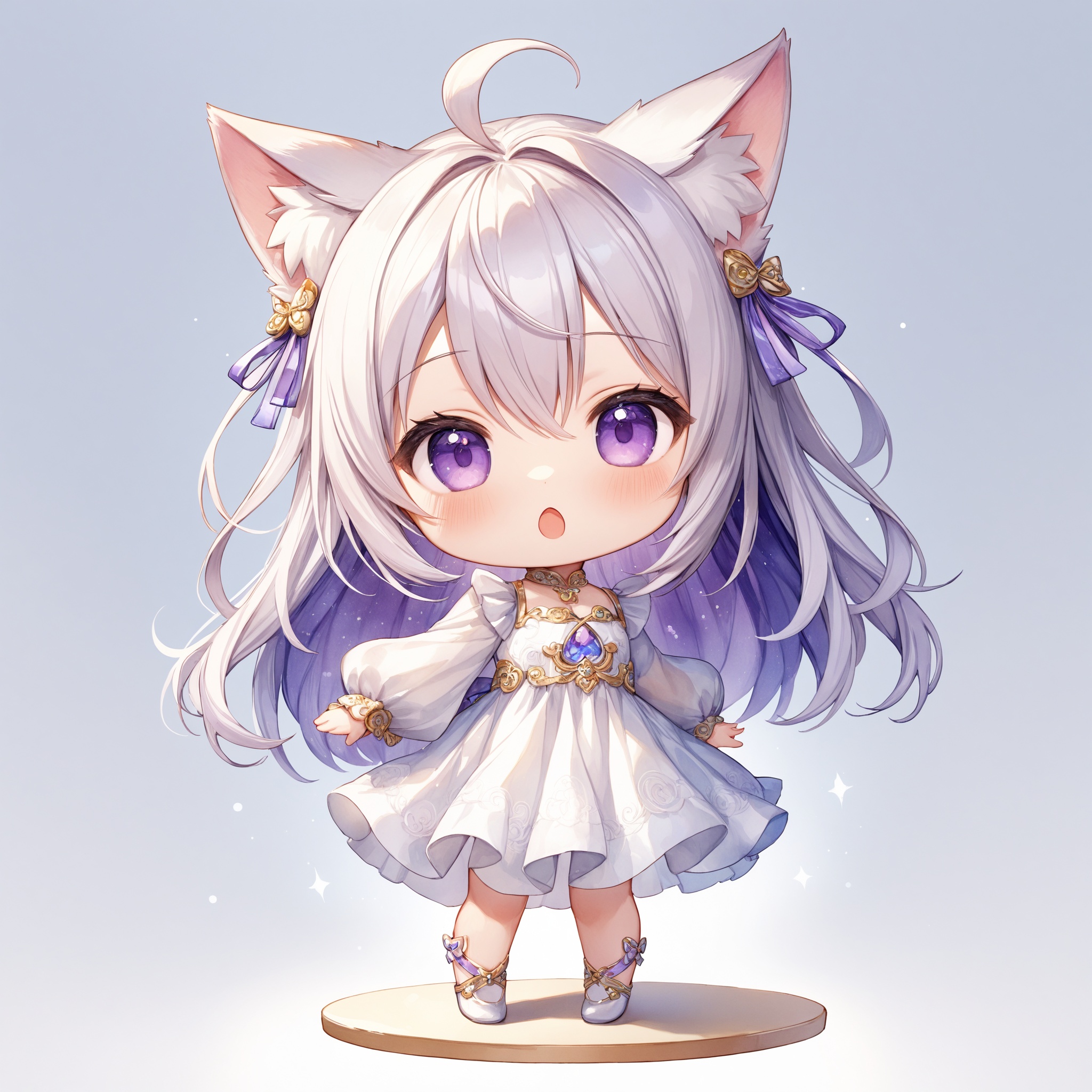 Full body shot. Cinematic angle. A very cute girl. Chibi. . Detailed dark-purple eyes. Long straight hair with ribbon orna...