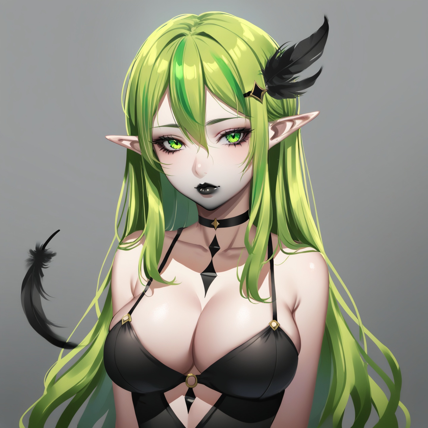 <lora:dl2:0.7>, 1girl, solo, pointy ears, breasts, feathers, black lips, blonde hair, green hair, multicolored hair, cleavage, long hair, green eyes