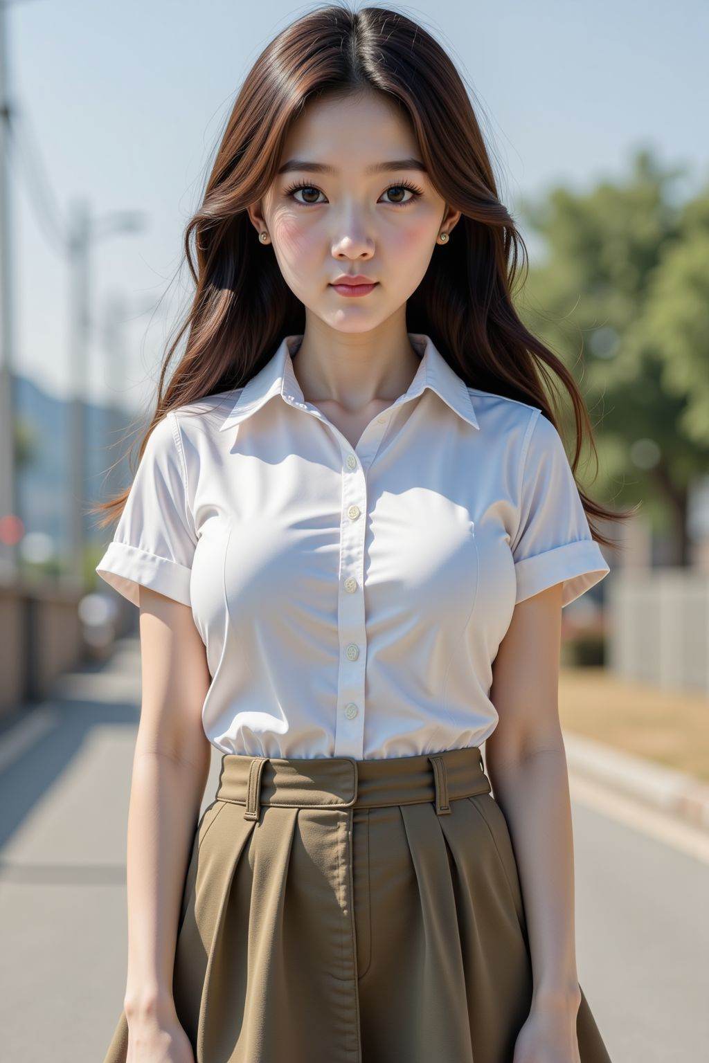 This is a high-resolution photograph featuring a young girl, solo, long hair, breasts, looking at viewer, brown hair, shirt, brown eyes, standing, short sleeves, outdoors, short skirt, skirt, day, shirt, realistic, arms at sides, photo background,