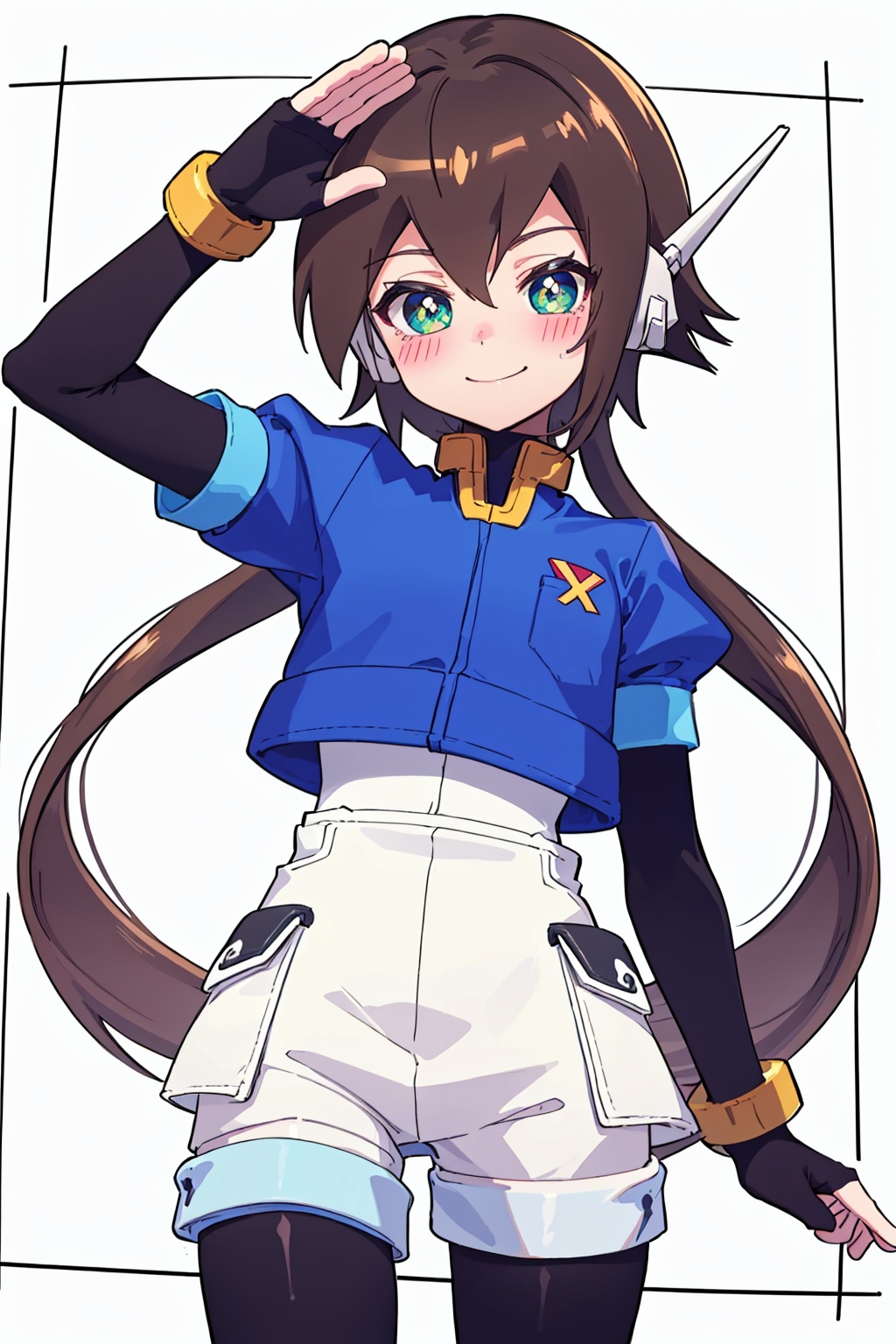 masterpiece,best quality, highly detailed, aile (mega man zx),1girl, smile, solo, legwear under shorts, white background, short over long sleeves, simple background, looking at viewer, blush, bracelet, spandex, closed mouth, gloves, white shorts, puffy short sleeves, bodysuit, signature,<lora:aile_(mega_man_zx):1>