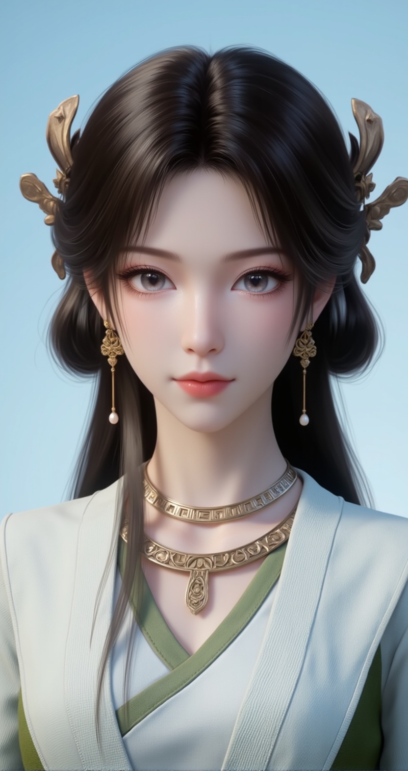 <lora:梅凝·4:1.2>,meining,1girl,solo,jewelry,earrings,looking at viewer,upper body,necklace,hair ornament,long hair,brown hair,closed mouth,black hair,realistic,hanfu,dress,chinese clothes,light_blue_background,5,cover,simple background,gradient background,close-up details,outstanding style,adding a touch of dimension to your images without compromising details,close-up,<lora:DJ滤镜_2.5D版:0.3>,lvjing,<lora:油画唯美滤镜15:0.3>,baoshi,