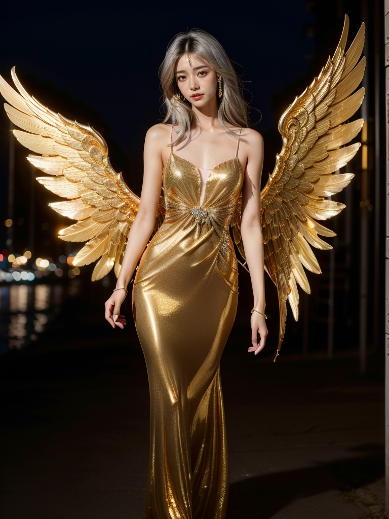 jinyingnvshen,masterpiece,best quality,1girl,exquisite details,set at night by the seaside,white hair,jewelry,<lora:jinyingnvshen-000004:0.7>,exquisite evening dress,small golden wings,((bust)),