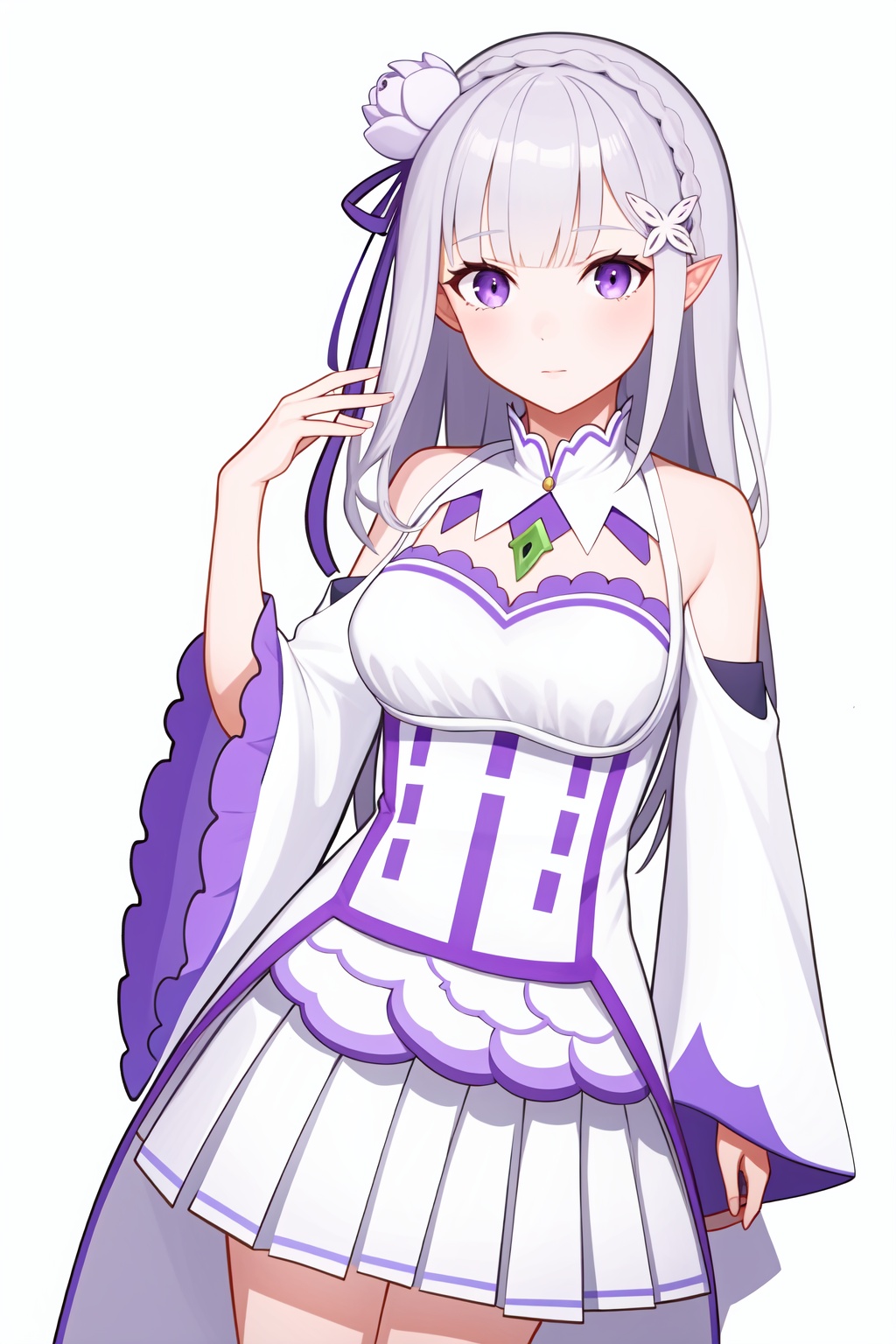 <lora:爱蜜莉雅:1>,a girl named emiliare0,emiliare0,1girl,white flower,purple ribbon,detached sleeves,wide sleeves,pleated skirt,white dress,, (masterpiece,best quality,high quality:1.4),absurdres,