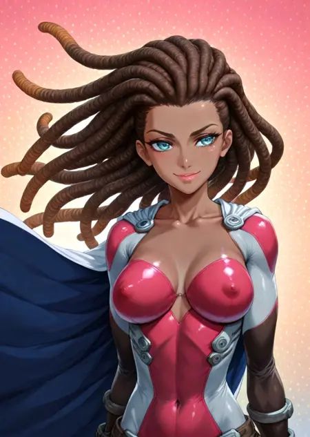 1girl,colorful dynamic background,beautiful woman posing heroically,smiling coyly,long hair,thin dreadlocks,multicolered bodysuit,collarbone,cape blowing in the wind,very dark brown skin,fingerless gloves, absurdres, masterpiece, best quality