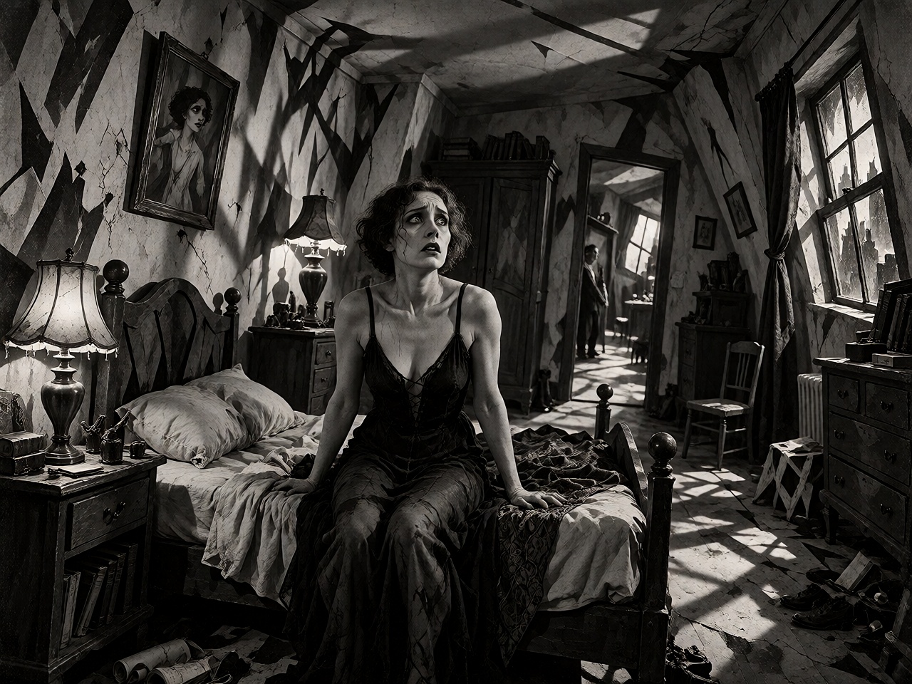 A scene in black and white,  showing a frightened woman sitting upright on a narrow bed in a nightmarish bedroom,  surroun...