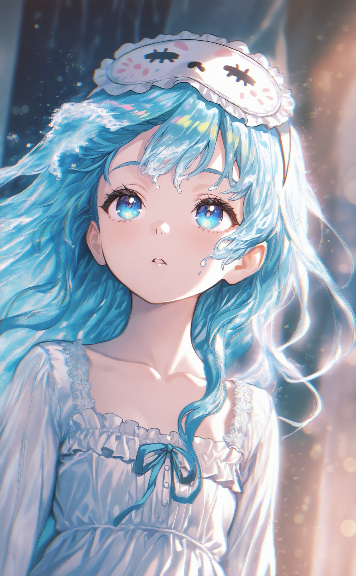 masterpiece,absurdres,best quality,loli,petite,high quality,chromatic_aberration,//,1girl,solo,virtual_youtuber,sleep_mask,mask_on_head,long_hair,looking_up,portrait,blurry,blue_eyes,blurry_background,mask,blue_hair,dress,parted_lips,depth_of_field,bokeh,white_dress,frills,upper_body,collarbone,liquid_hair,looking_afar,aqua_hair,eyebrows_hidden_by_hair,open_mouth,looking_ahead,//,Depth of field,(colorful),hdr,Tyndall effect,depth of field,Tyndall Effect,blurry,blurry_background,depth_of_field,bokeh,glowing,//,<lora:ssxd2——【noob】hans:1>,