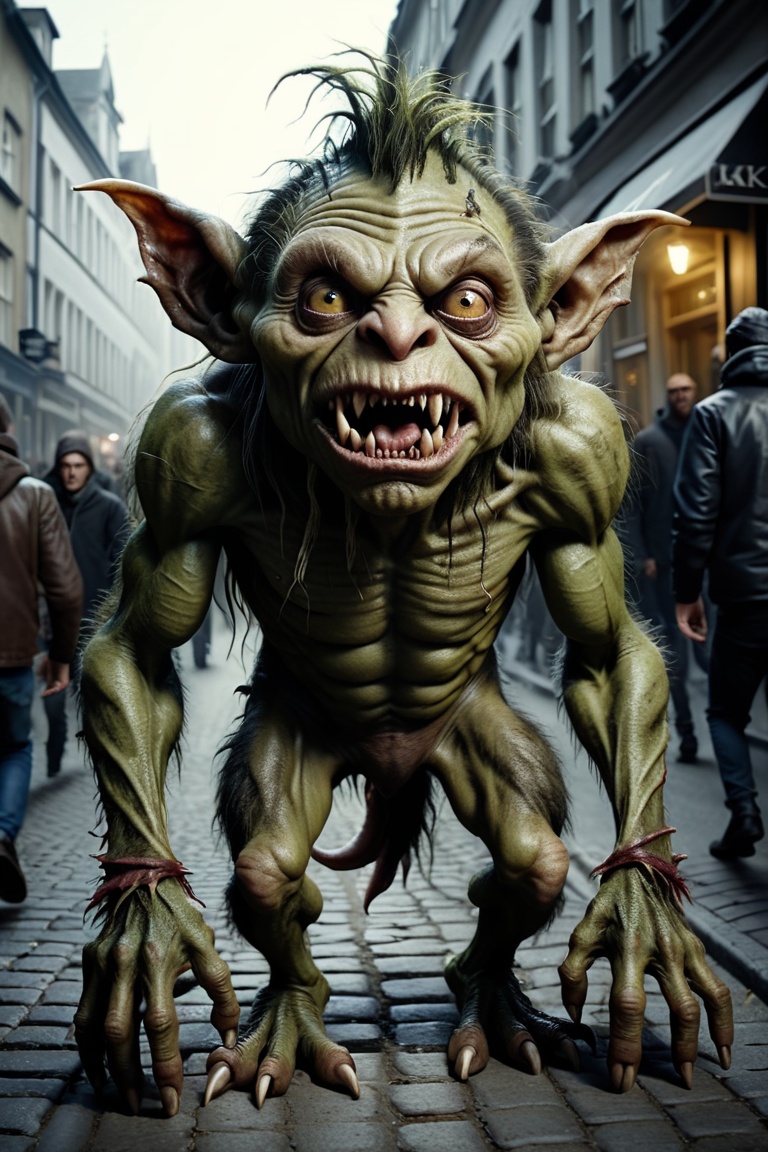 (monster) a creature goblin troll gremlin monster in a crowded street. cinematic,  hd,  4k on Tensor.Art