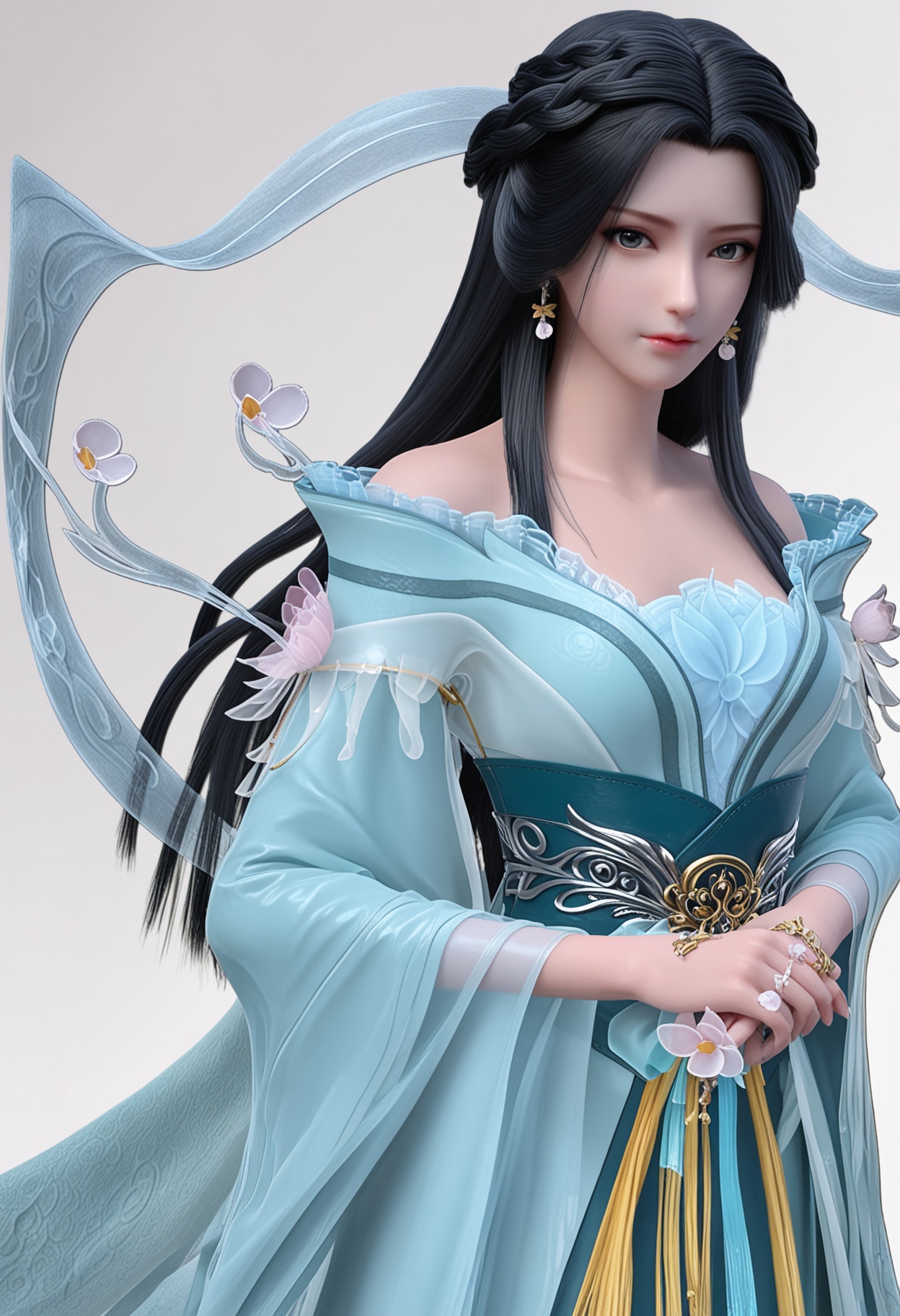 score_9,high detail,best quality,shiny skin,shiny,1girl,solo,black hair,long hair,jewelry,earrings,dress,white background,closed mouth,bare shoulders,simple background,realistic,hagoromo,braid,shawl,sash,flower,blue dress,long sleeves,looking at viewer,upper body,<lora:QQSponyjiangliV1:0.8>,<lora:Pony_DetailV2.0:0.8>,<lora:皮肤凹痕:0.1>,