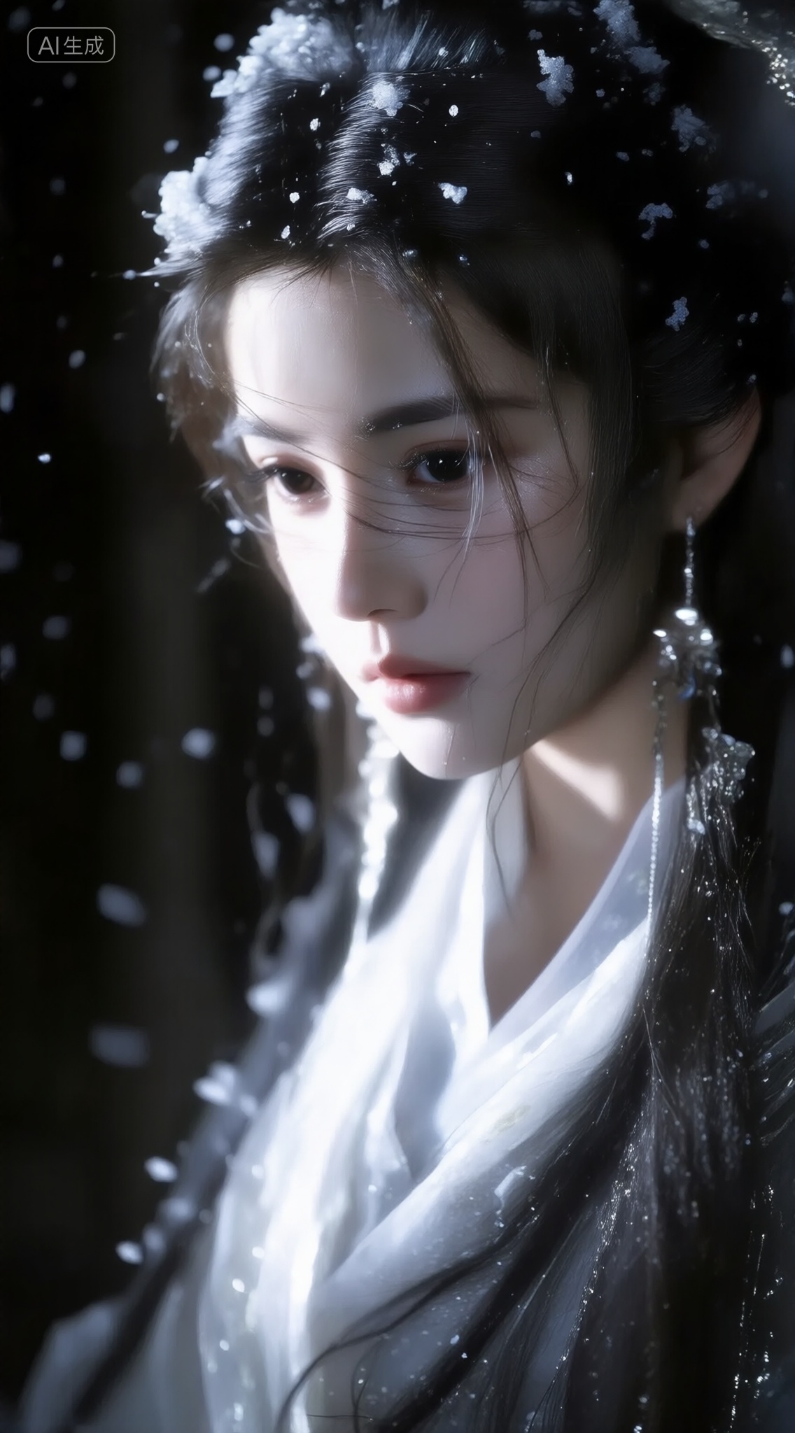 这是一张充满古典美感的写真照片,画面中是一位身穿古风服饰的女子,她的长发乌黑柔顺,披散在肩上,发丝间点缀着晶莹剔透的雪花或水珠,仿佛置身于雪夜之中,她的眼神深邃而宁静,略带忧郁,给人一种清冷脱俗的感觉,, 她穿着一袭素雅的白色古装,衣料轻盈飘逸,外罩一件带有光泽的薄纱外衣,上面似乎有细小的亮片或珠饰,在微光下闪烁,增添了几分神秘与仙气,耳坠和手上的饰品也精致华丽,与整体造型相得益彰,, 背景较为模糊,暗色调为主,突出了人物的轮廓和面部细节,营造出一种静谧,梦幻的氛围,整体画面宛如一幅水墨画,充满了东方古典美学的韵味,令人联想到古代诗词中的美人形象,, Negative prompt: ng_deepnegative_v1_75t,(badhandv4:1.2),EasyNegative,(worst quality:2),,nsfw, Steps: 30, Sampler: Euler, CFG scale: 4.0, Seed: 3728342307, Size: 1142x2048, Model hash: 9768b098f7, Model: ZOZ_v1.0.safetensors, Denoising strength: 0, RNG: CPU, Lora 1: 千问/超精细美感人像生成/Seedream 4.0, Lora Hash 1: 26990144d0, Lora Weight 1: 0.9, vae_name: automatic