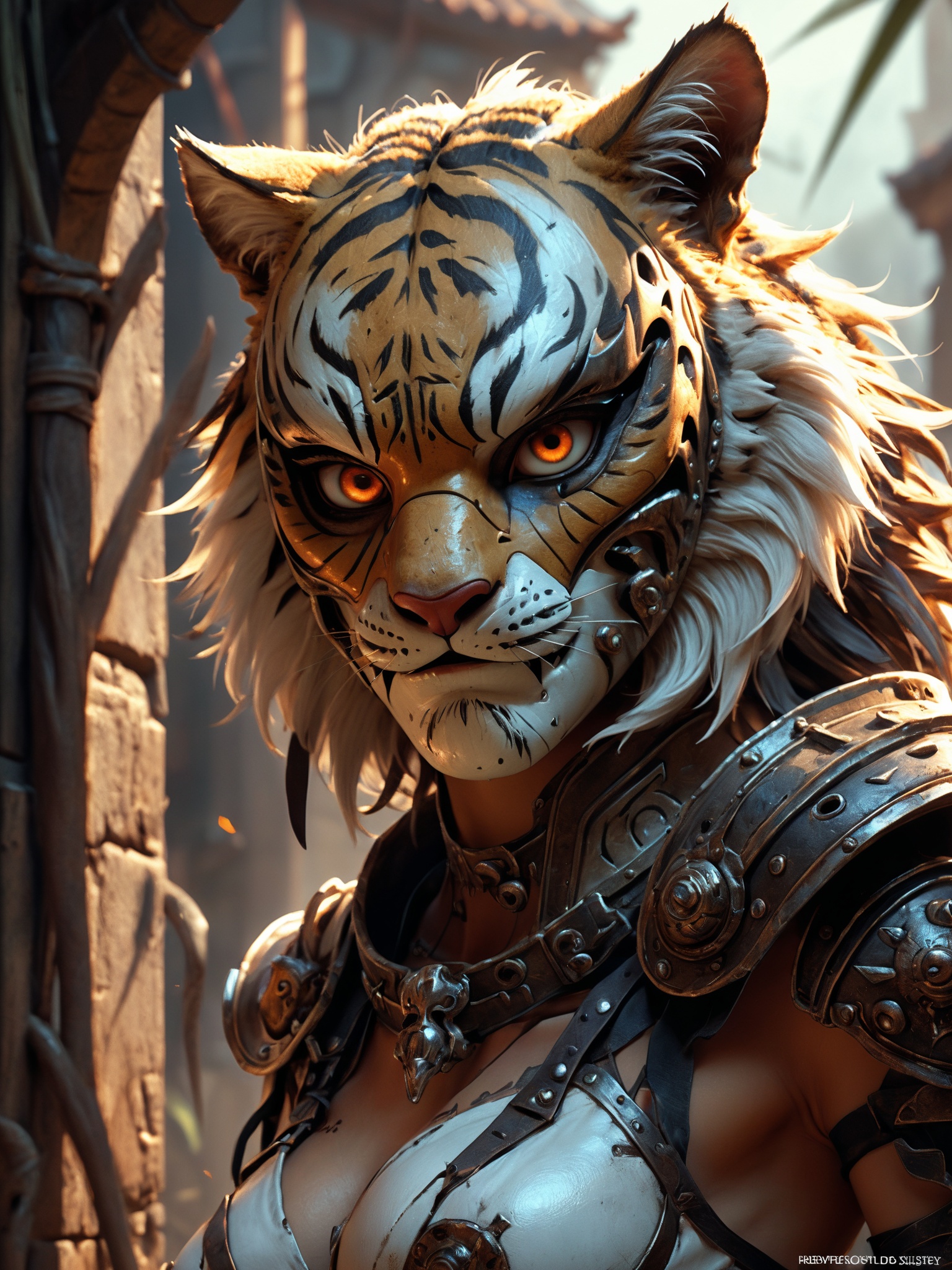 Comic's Luis Royo style,  human wearing a mask made of steel,  face figure a tiger on Tensor.Art