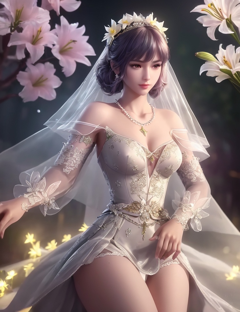 ultra realistic 8k cg, picture-perfect face, flawless, clean, masterpiece, professional artwork, famous artwork, cinematic lighting, cinematic bloom, perfect face, beautiful face, fantasy, dreamlike, unreal, science fiction,   lace, lace trim, lace-trimmed legwear,  (rich:1.4), prestige, luxury, jewelry, diamond, gold, pearl, gem, sapphire, ruby, emerald, intricate detail, delicate pattern, charming, alluring, seductive, erotic, enchanting, hair ornament, necklace, earrings, bracelet, armlet,halo((,1girl, pov,))  ((, 1girl, solo, star_\(symbol\),lily \(flower\),hair flower, wedding dress, jewelry))<lora:DA_BaiChenXiang:0.6>
