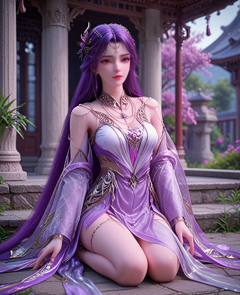 (oriental architecture, elegant decor, sophisticated style:1.1),Kneeling with one knee on the ground, head tilted,,(breasts:1.2),<lora:XL完美世界云曦天命石:0.95>,miss yunxi,solo,white outer and purple inner double dress,purple eyes,purple hair,absurdly long hair,hair ornament,jewelry,earrings,necklace,sash and overskirt,shawl,see-through wide sleeves,, zPDXL2, score_9, score_8_up, score_7_up BREAK realistic, masterpiece,best quality, highly detailed,, zPDXL3, zPDXL2,zPDXL, zPDXLxxx, zPDXLrl,