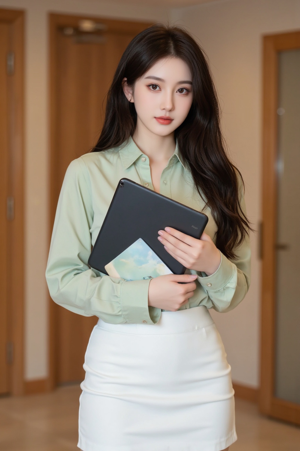 a young woman wearing a light green shirt and a white skirt,holding a black tablet computer in her hand. Her hair is flowing freely,and her eyes are looking at the camera. The background is an indoor environment with wooden doors and walls.,