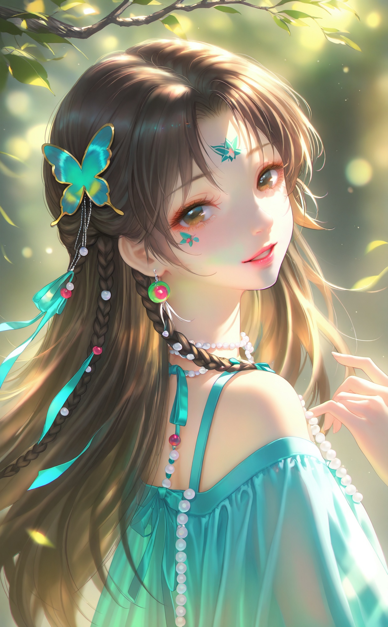 masterpiece,very aware,highres,absurdres,newest,best quality,loli,petite,high quality,chromatic_aberration,chromatic_aberration,cinematic_angle,dutch angle,//,1girl, facial_mark, forehead_mark, solo, brown_hair, hair_ornament, green_dress, long_hair, upper_body, dress, jewelry, teeth, smile, looking_at_viewer, braid, necklace, earrings, beads, leaf, from_side, parted_lips, looking_back, light_particles, ribbon, light_rays, branch, bug, butterfly_hair_ornament//,//,photorealistic,Artist:na-ga,(quasarcake:0.2),(wanke:0.9),[Artist:chen bin],Artist:tidsean,[Artist:sk (askzy)],(artist:tokkyu:0.5),(artist:momoko \(momopoco\):0.5),himitsu_(hi_mi_tsu_2),//,<lora:MAQ326——【noob】hans:0.5>,<lora:sansu——【noob】hans:0.8>,