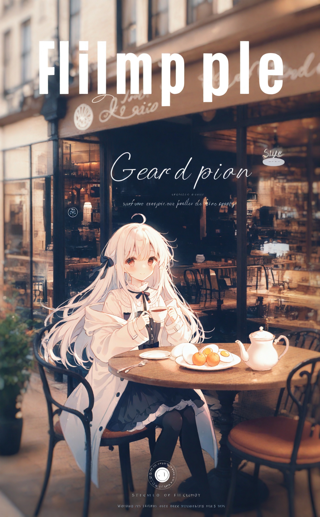 miracle, 1girl, table, cup, cafe, sitting, long hair, english text, solo, teacup, looking at viewer, white hair, chair, pantyhose, long sleeves, white coat, black bow, hair bow, spoon, photo background, bow, egg, indoors, scenery, coat, black pantyhose, blurry, holding, ahoge, holding cup, food, skirt, blush, brown eyes, smile, white jacket, fork, cover, red eyes, french text, city, dress, ribbon, plate, crescent, off shoulder, saucer, drinking glass, outdoors, teapot, orange (fruit), blurry background, black ribbon, street<lora:konya666up-000025:0.8>