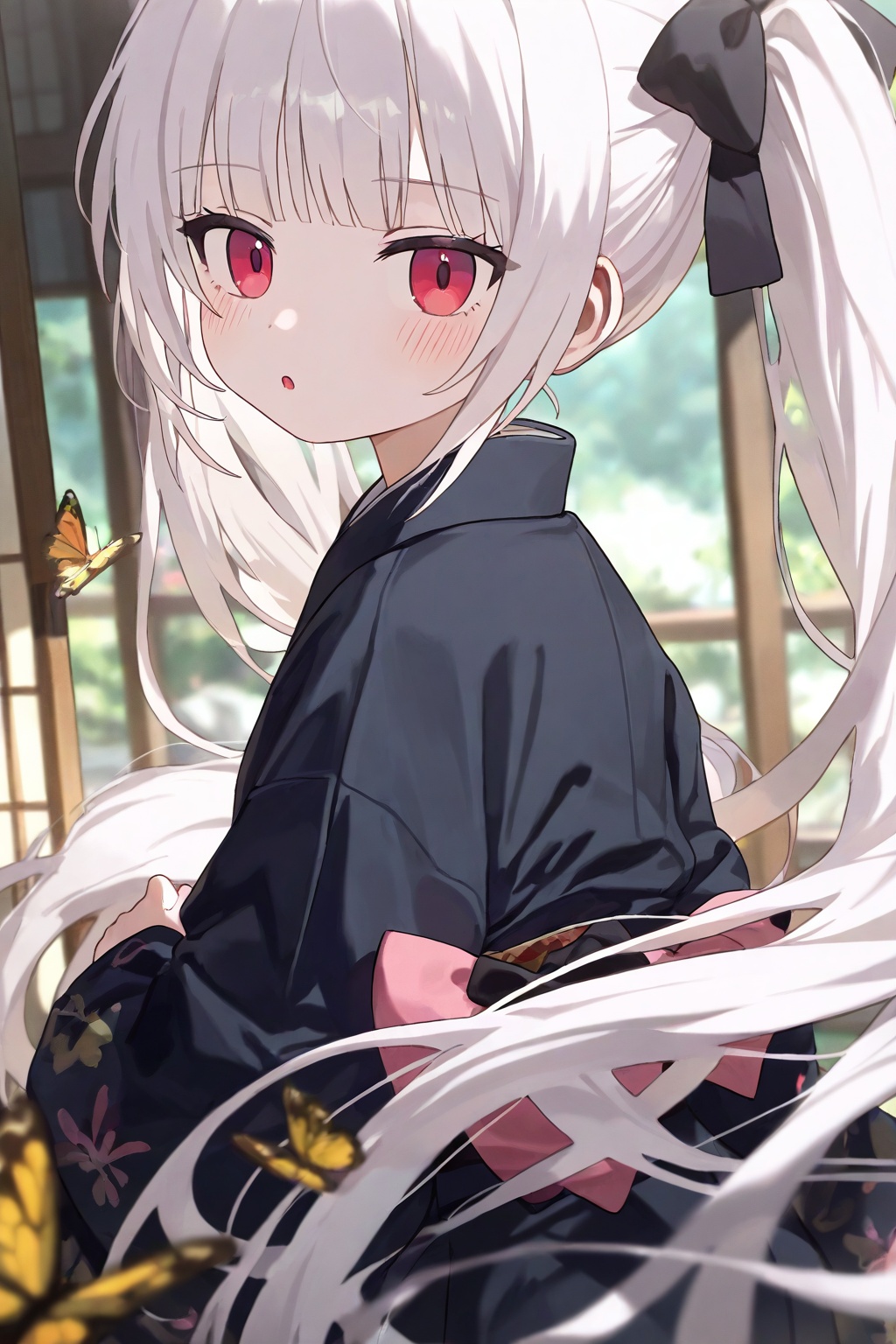 masterpiece,best quality,high quality,loli,konya,1girl, solo, long hair, looking at viewer, blush, bangs, red eyes, long sleeves, bow, twintails, very long hair, upper body, white hair, hair bow, parted lips, japanese clothes, kimono, blurry, :o, black dress, black bow, floating hair, depth of field, animal, bug, pink bow, butterfly, black kimono
