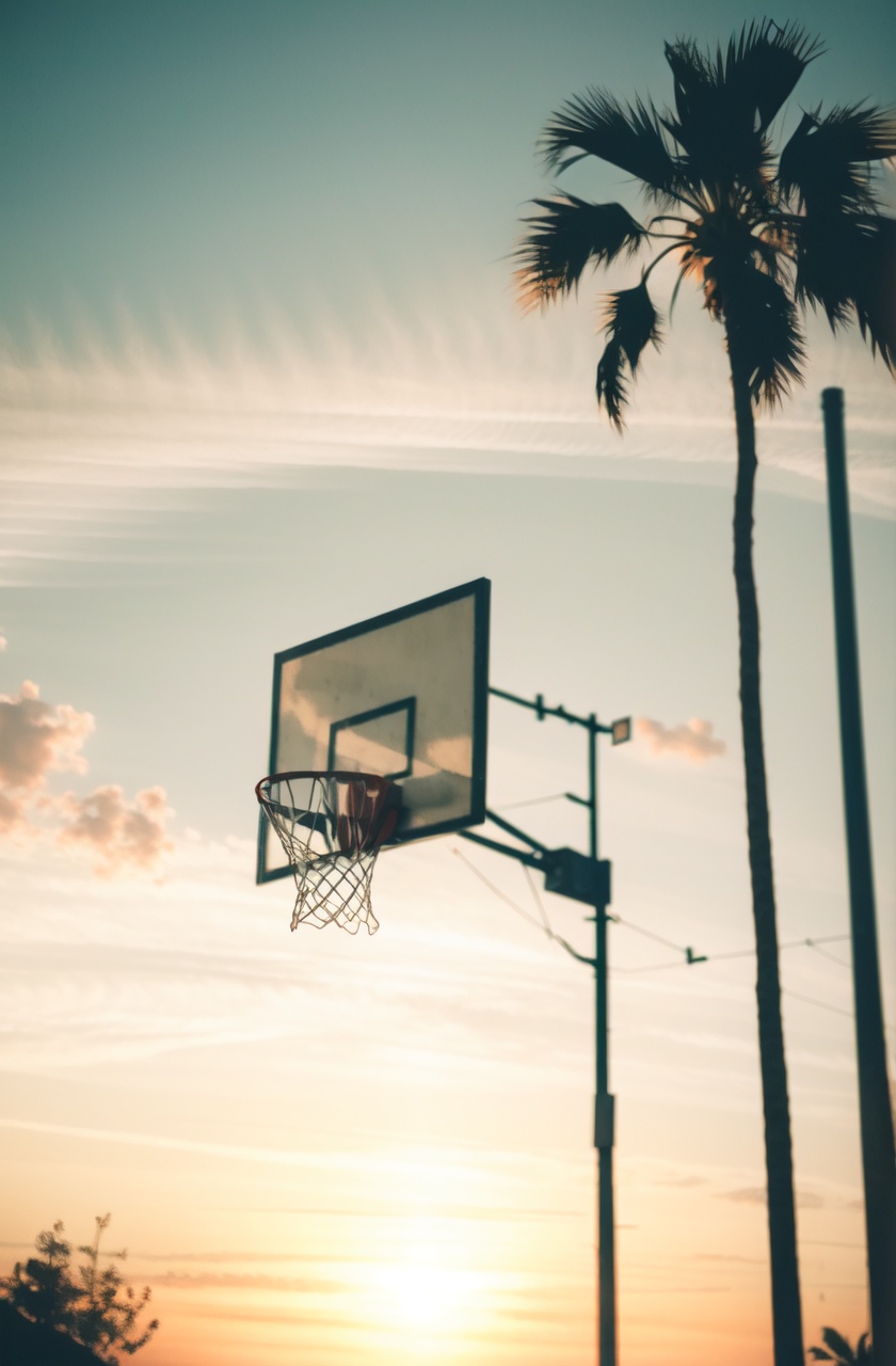 masterpiece,best quality,(absurdres:1.2),tree, no humans, sky, outdoors, palm tree, sunset, cloud, scenery, gradient sky,Basketball Hoop,silhouette, 
