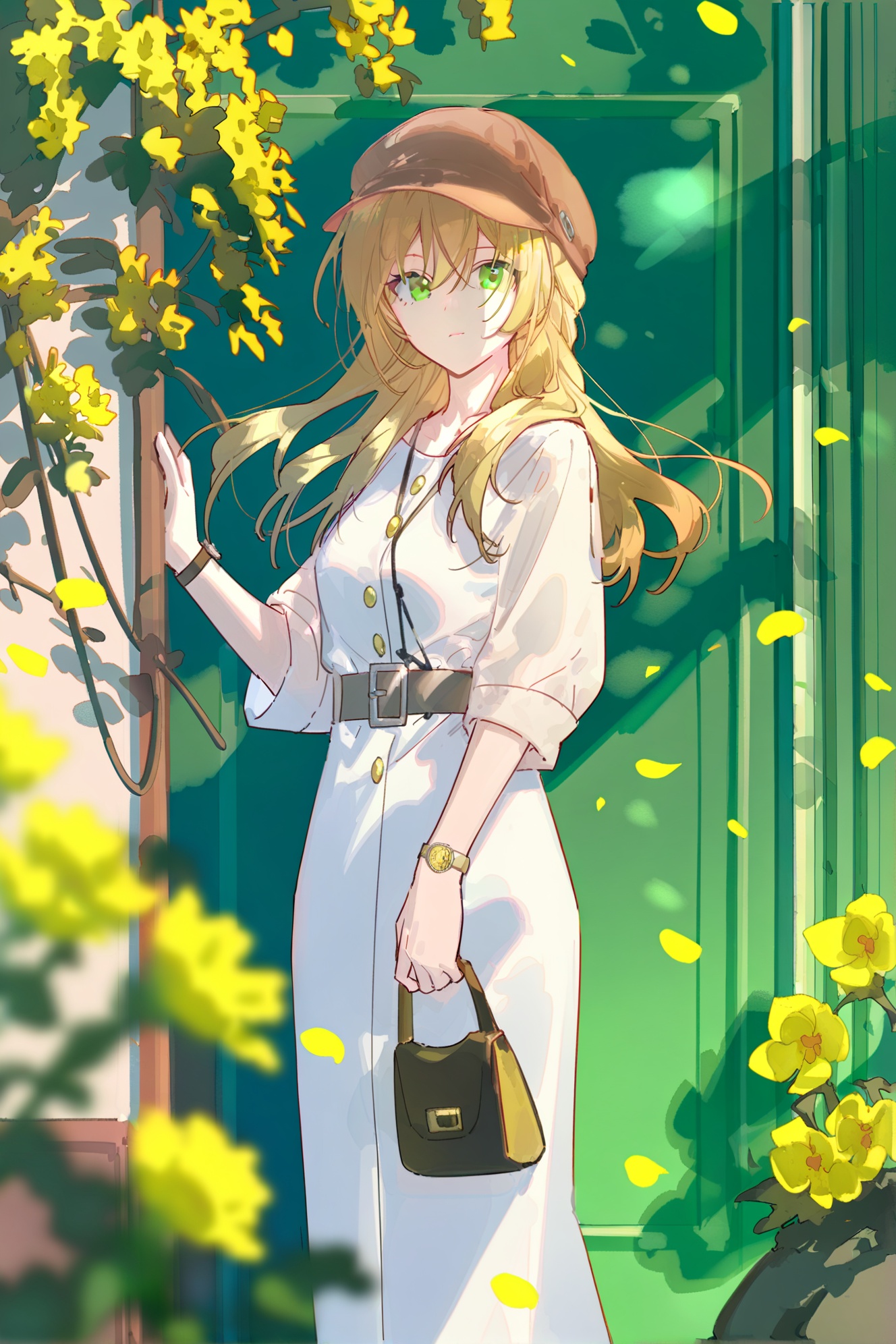 1girl,green eyes,solo,long hair,dress,bag,hat,white dress,looking at viewer,flower,holding,short sleeves,blonde hair,outdoors,handbag,closed mouth,yellow flower,blurry,belt,day,standing,brown headwear,petals,holding bag,wristwatch,watch,blurry foreground,breasts,jewelry,hair between eyes,depth of field,