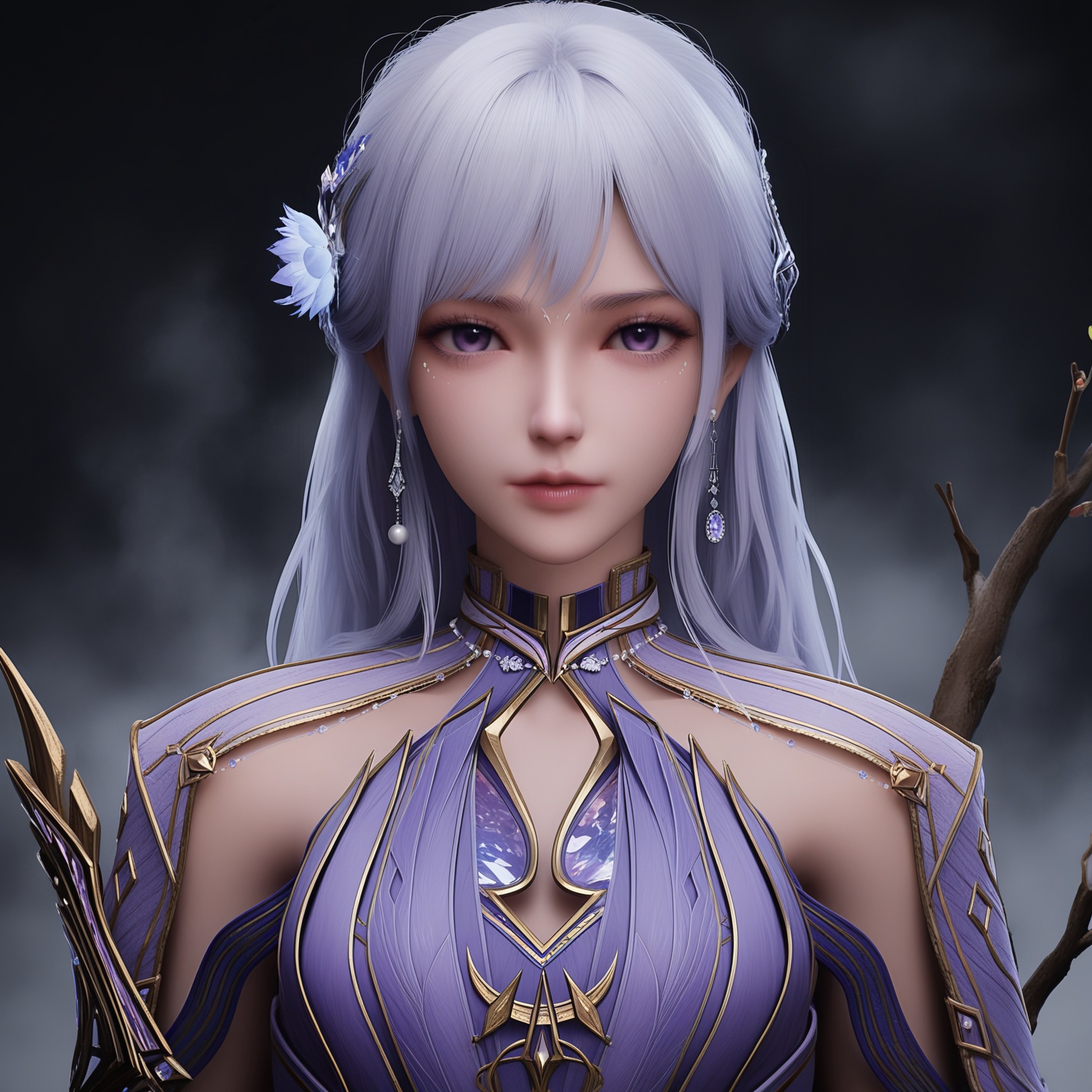 (score_9),masterpiece,best quality,absurdres,highres,(white_skin),light_skin,BREAKcollarbone,<lora:彩儿-ill-000008:0.83>,caier,1girl,solo,long hair,hair ornament,jewelry,earrings,hair flower,purple eyes,white hair,looking at viewer,front view,upper body,BREAKsimple background,black background,Tyndall effect,fog,branch,twig,