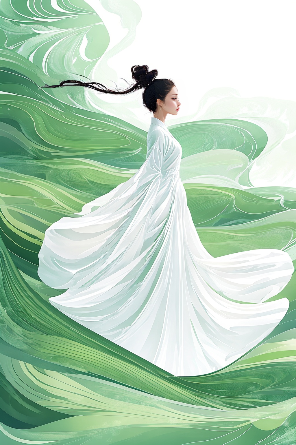 miluo_zcch, digital art, anime style, female, long black hair, bun hairstyle, white dress, flowing dress, green background, abstract background, serene expression, side profile, elegant, ethereal, minimalistic, soft colors, light green, white, green hues, delicate, graceful, nature theme, wind, fluidity, tranquil, fantasy, dreamy, intricate details, modern art, digital illustration, high resolution, soft lighting, smooth textures<lora:米洛丨宋代青绿1.5-v1:1>,