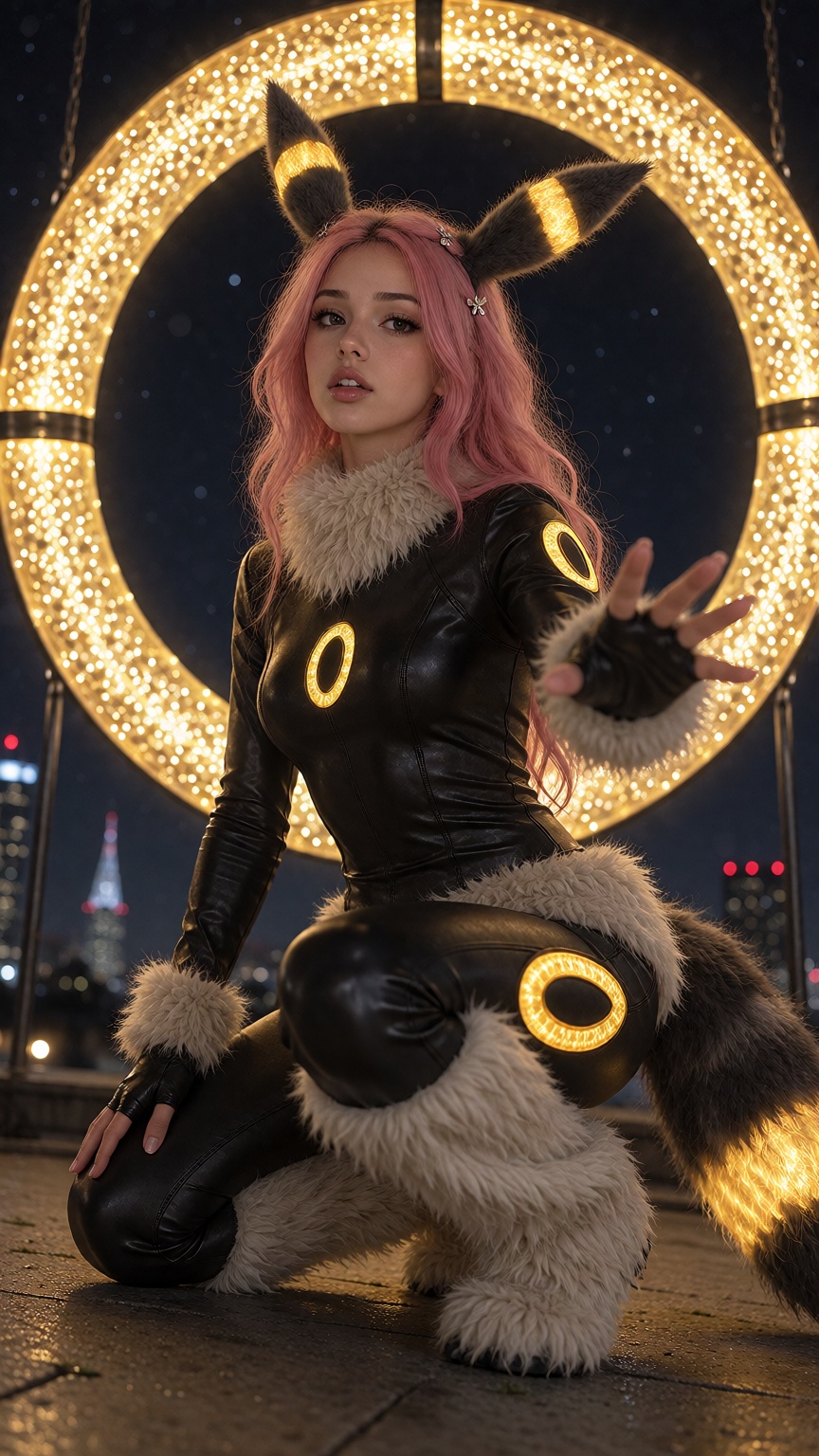 PukiX,  pink hair 3/4 body civitai thumbnail scene: she is crouching on the edge of a rooftop,  one knee raised and one ha...