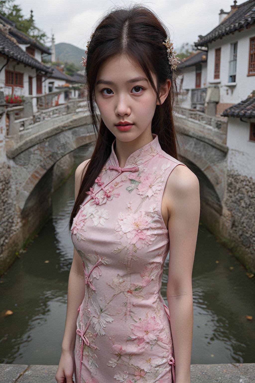 A photograph of a young East Asian woman with fair skin and long,  dark hair adorned with floral hairpins,  wearing a slee...