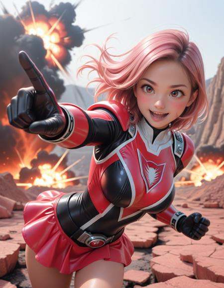 (masterpiece, best quality), 1 girl, Fair-skinned, blush, pink hair, medium hair, floating hair, dark-brown eyes, (large breast:0.8), smile, open mouth, cowboy shot, (red power ranger suit, mini skirt), (action pose, perspective:1.3), in a quarry, explosion behind her, in focus with blurred background