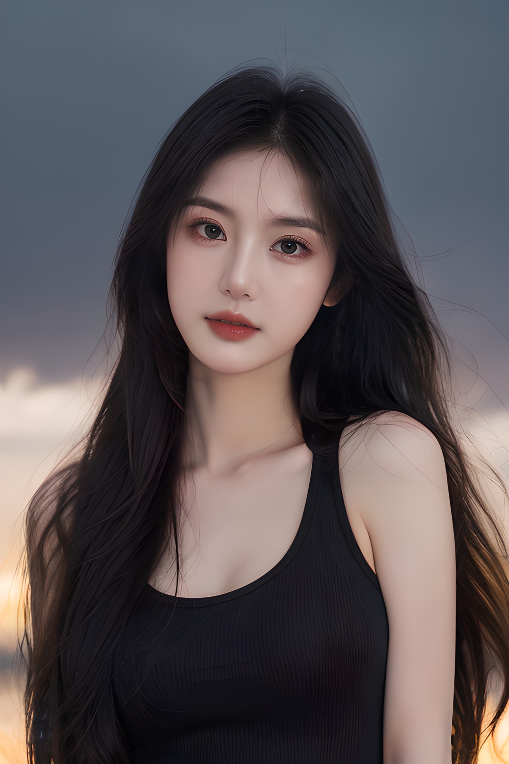 1girl,(simple background:1.2), <lora:0804_08:0.7>,<lora:SDXLrender_v2.0:0.6>, (medium breasts:0.8), Frontal photography,Look front,evening,dark clouds,the setting sun,On the city rooftop,A 20 year old female,Black top,Black Leggings,black hair,long hair, dark theme, muted tones, pastel colors, high contrast, (natural skin texture, A dim light, high clarity) ((sky background))((Facial highlights)),