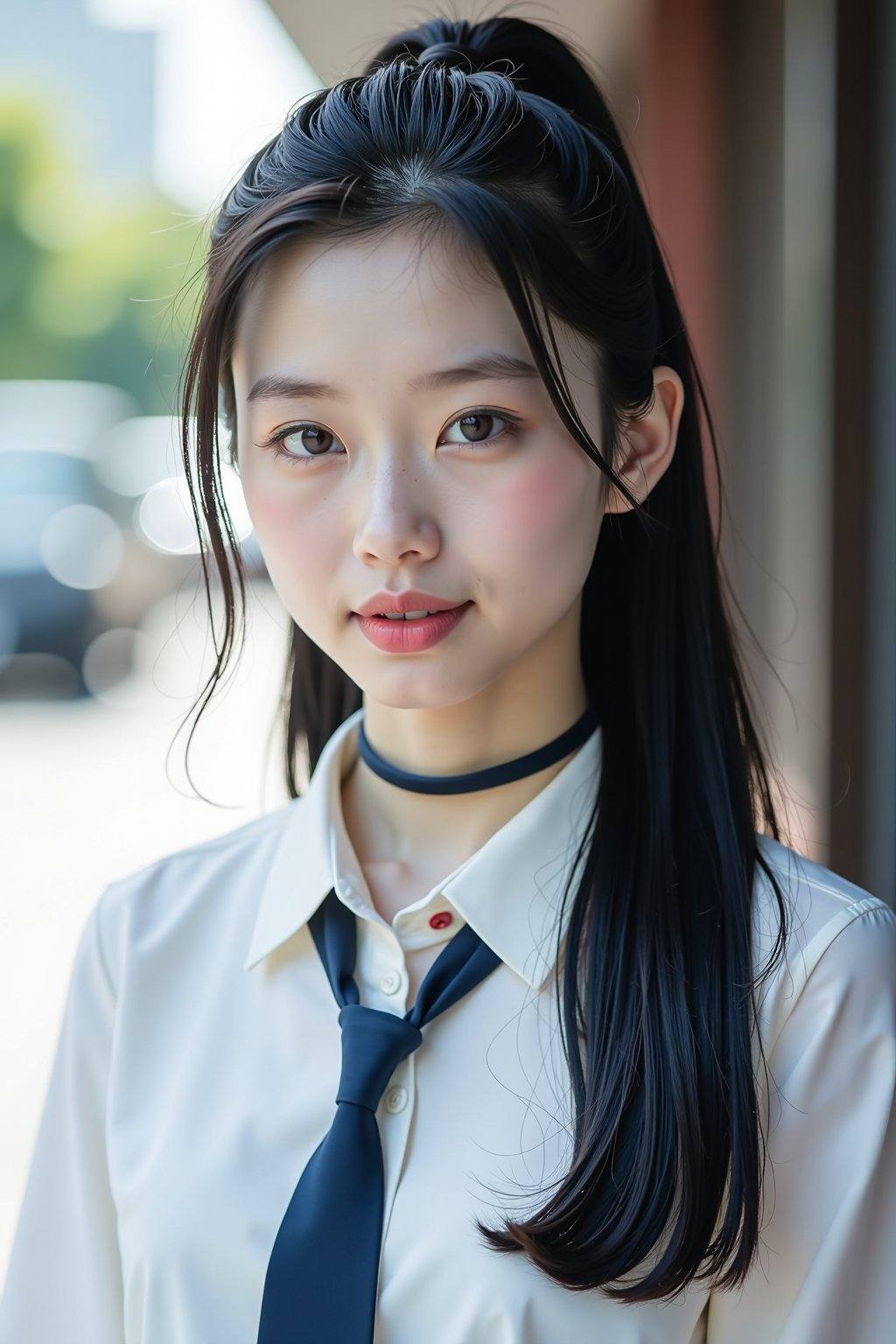 This is a photograph of a young East Asian woman with fair skin and long,  straight black hair tied in a high ponytail. Sh...