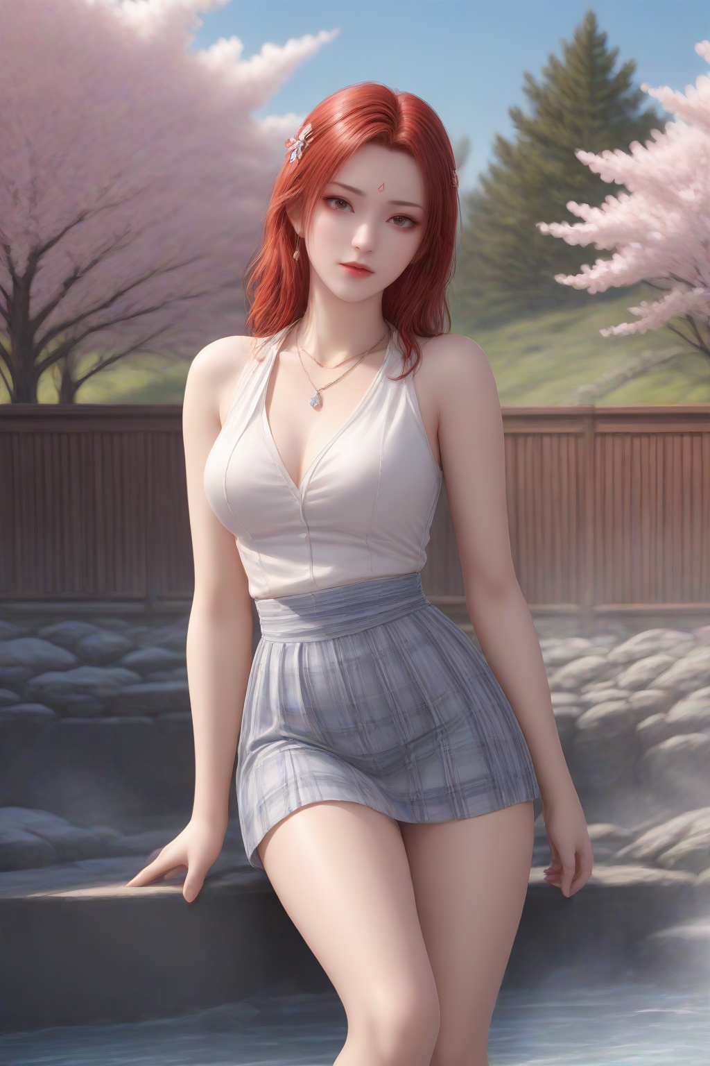 <lora:yafei_v1-000024:0.6>,yafei,1girl,solo,hair ornament,looking at viewer,facial mark,outdoors,long hair,forehead mark,onsen,closed mouth,lips,lipstick,red lips,looking at viewer,dynamic pose,light smile,standing,hand on own hip,(outdoors,day,waterfall,sky,cloud,park,park bench,lamppost,),masterpiece,highres,absurdres,best quality,8K,high-res detailed,(white shirt,turquoise bow,bowtie,turquoise skirt,plaid skirt,red pleated skirt,),<lora:sh-glossy_r2:0.7>,thighhighs,black_thighhighs,shiny legwear,black_loafers,looking at viewer,dynamic pose,shadow,outdoors,wall,sky,blue sky,cloud,<lora:DetailedEyes_V3:0.5>,<lora:LegLength&Muscular_400steps:1.5>,