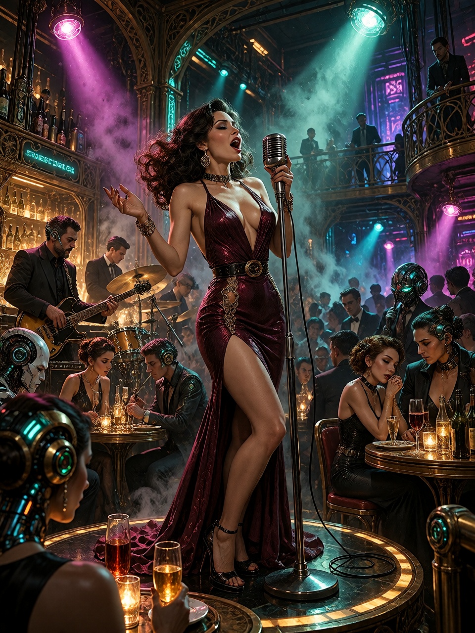 A charismatic female jazz singer in a deep burgundy silk dress performing passionately into a vintage chrome microphone in...